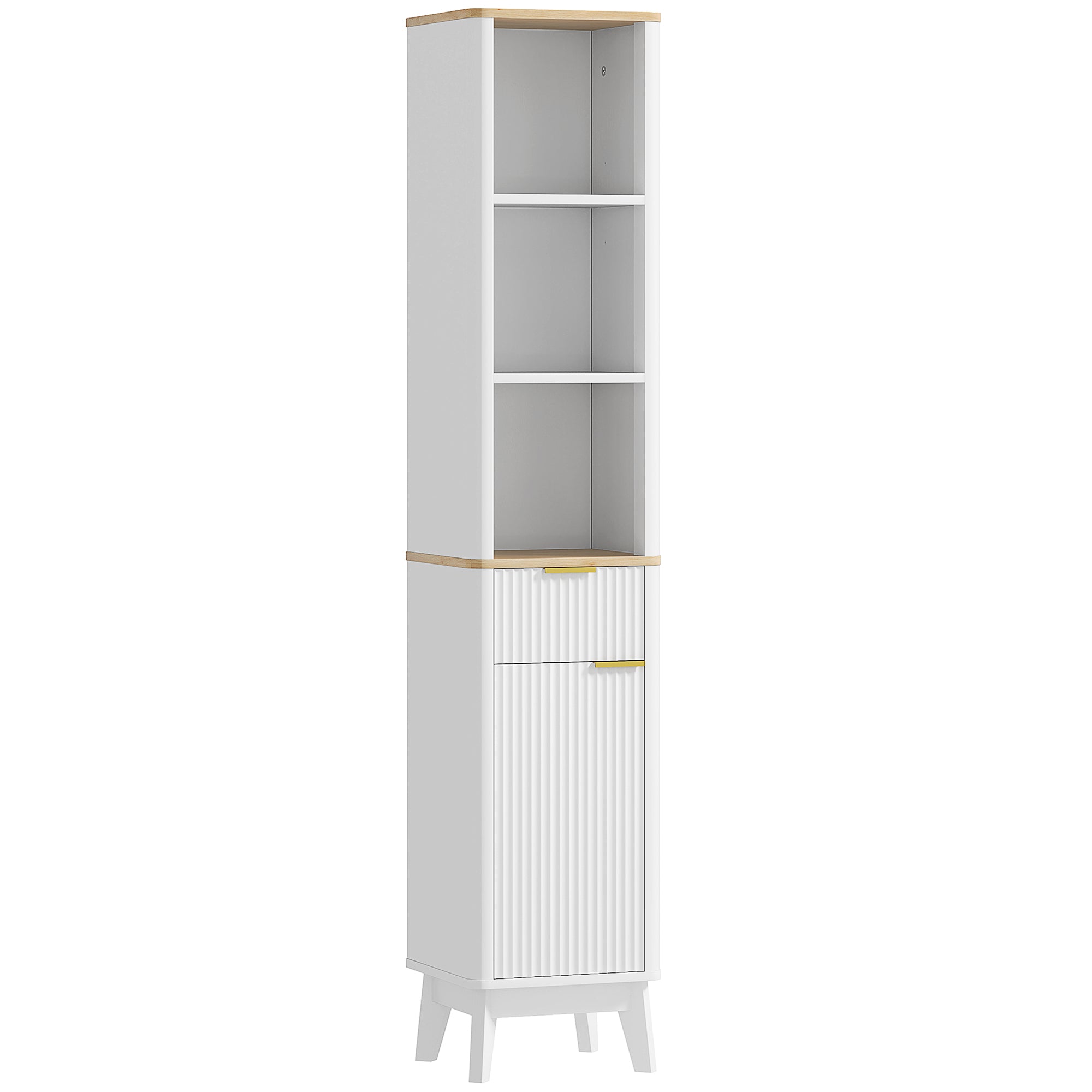 Bathroom Cabinet Column Bathroom Furniture with 3 Open Shelves, Drawer, and 2 Adjustable Shelves for Small Areas 33L x 30W x 170H cm White