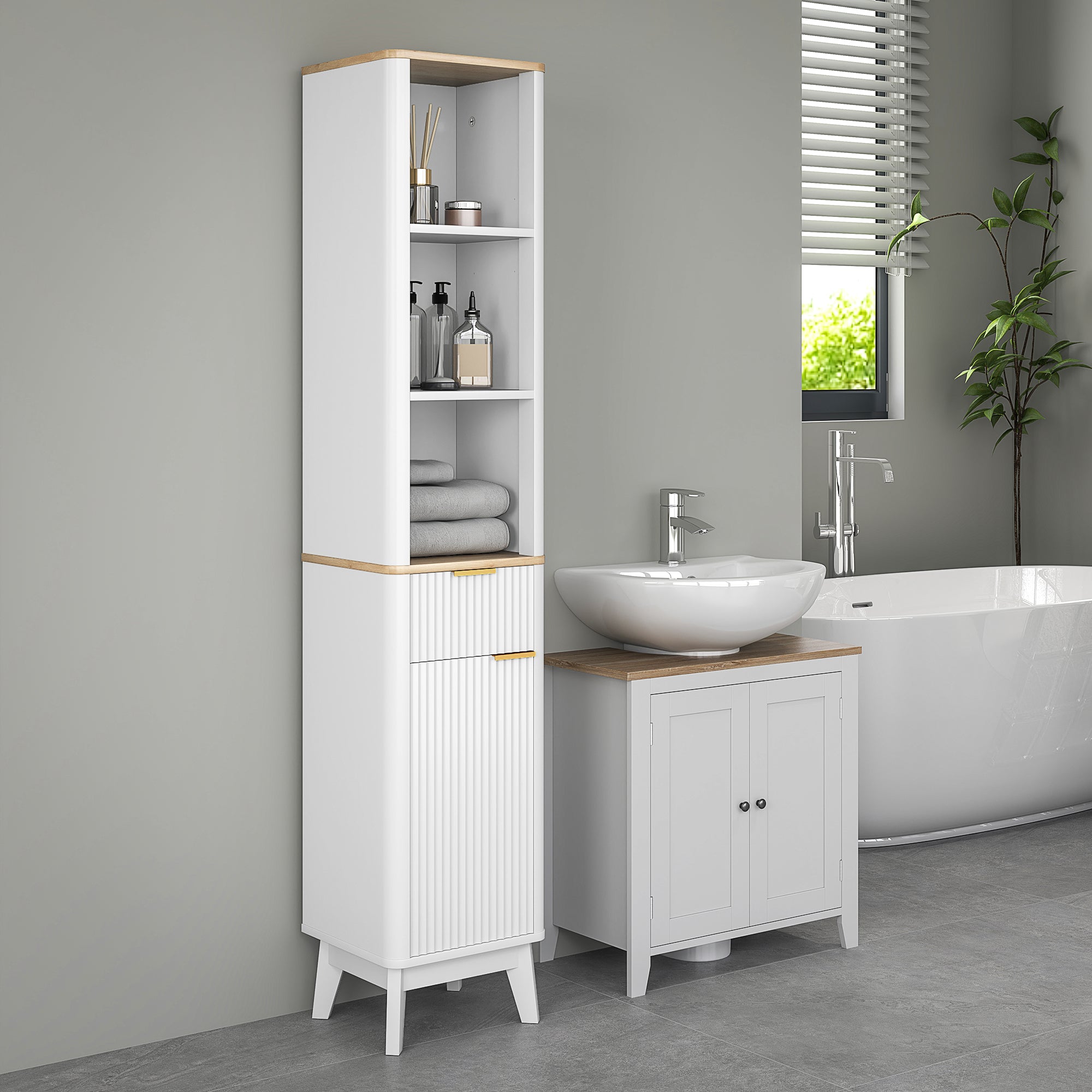 Bathroom Cabinet Column Bathroom Furniture with 3 Open Shelves, Drawer, and 2 Adjustable Shelves for Small Areas 33L x 30W x 170H cm White