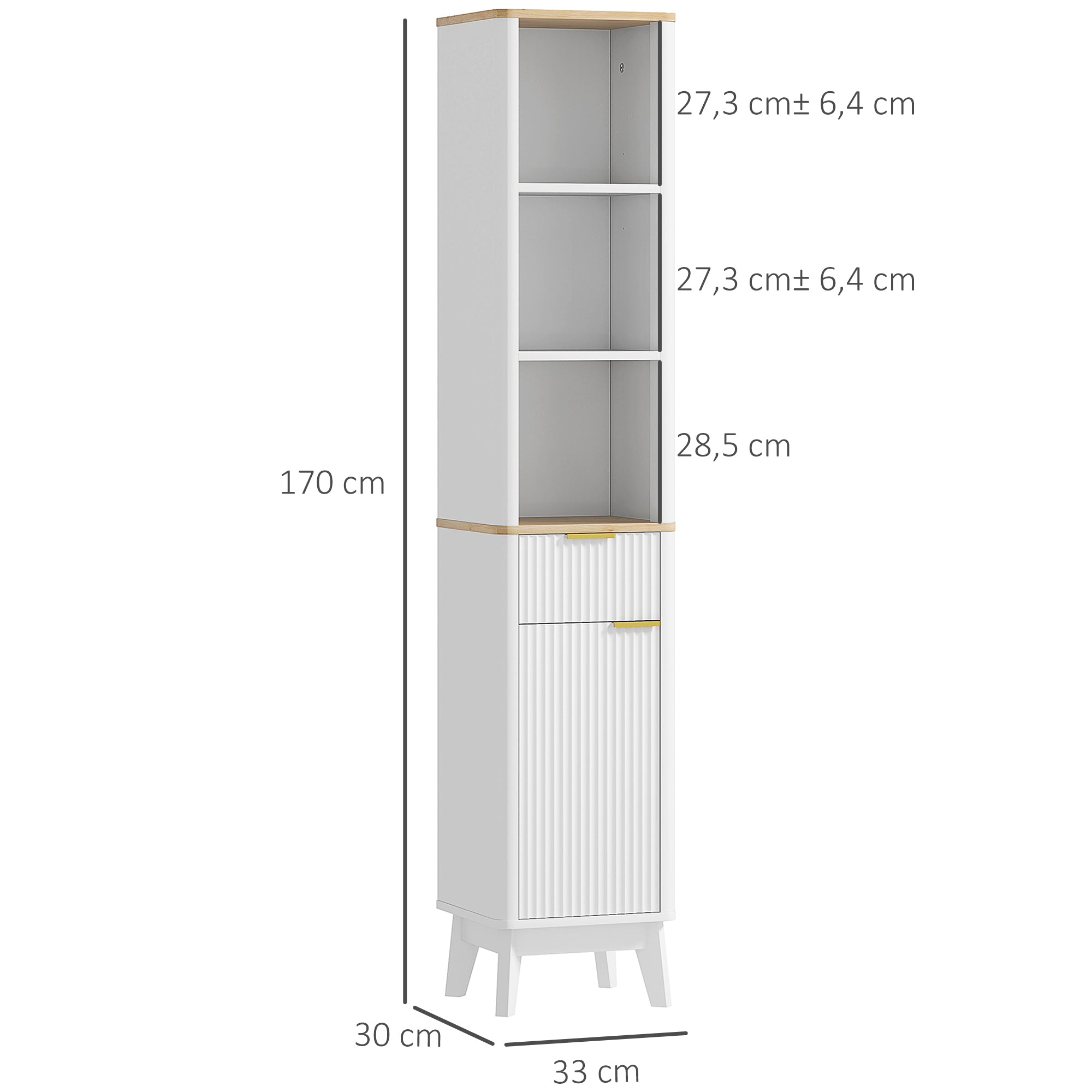 Bathroom Cabinet Column Bathroom Furniture with 3 Open Shelves, Drawer, and 2 Adjustable Shelves for Small Areas 33L x 30W x 170H cm White