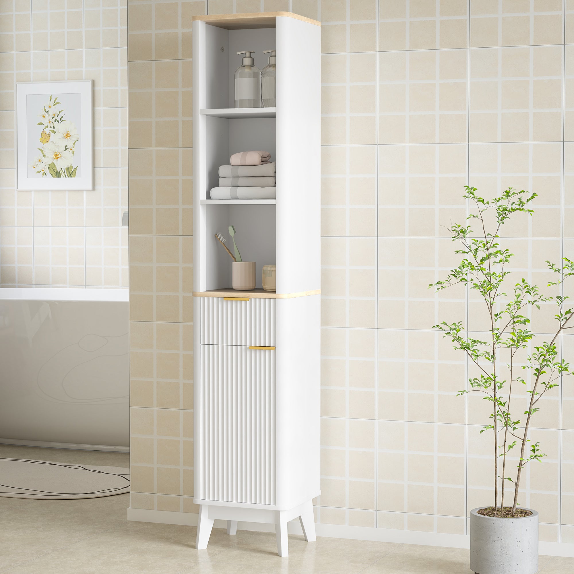 Bathroom Cabinet Column Bathroom Furniture with 3 Open Shelves, Drawer, and 2 Adjustable Shelves for Small Areas 33L x 30W x 170H cm White