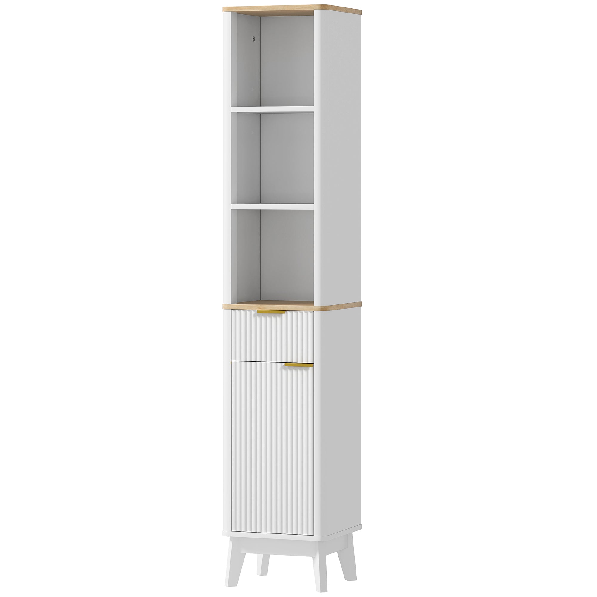Bathroom Cabinet Column Bathroom Furniture with 3 Open Shelves, Drawer, and 2 Adjustable Shelves for Small Areas 33L x 30W x 170H cm White