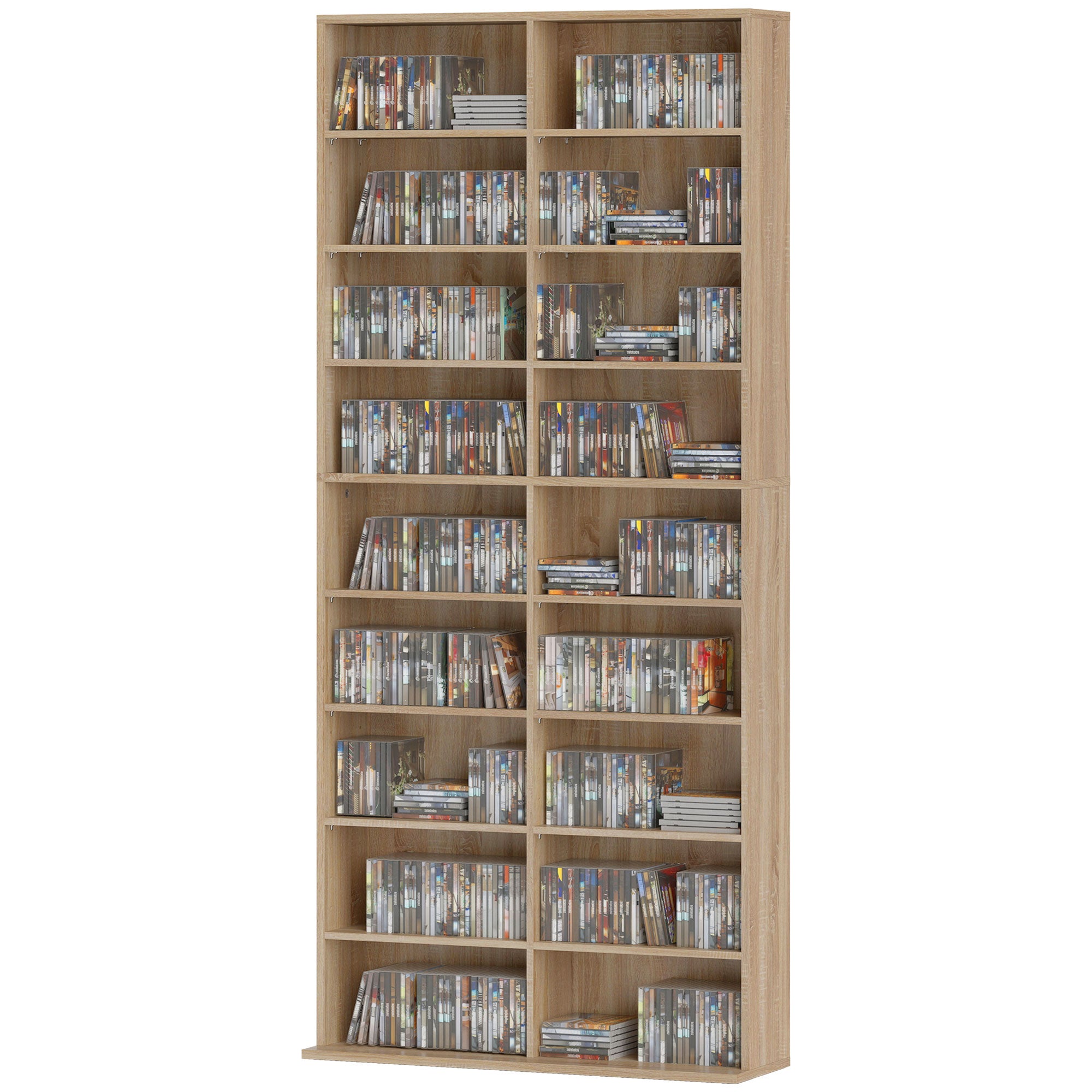Media Shelf for CDs, DVDs & Blu-rays – Holds up to 640 CDs / 360 DVDs / 430 Blu-rays, Adjustable Shelves, Natural Wood Finish (31 x 9.4 x 68.9 in)