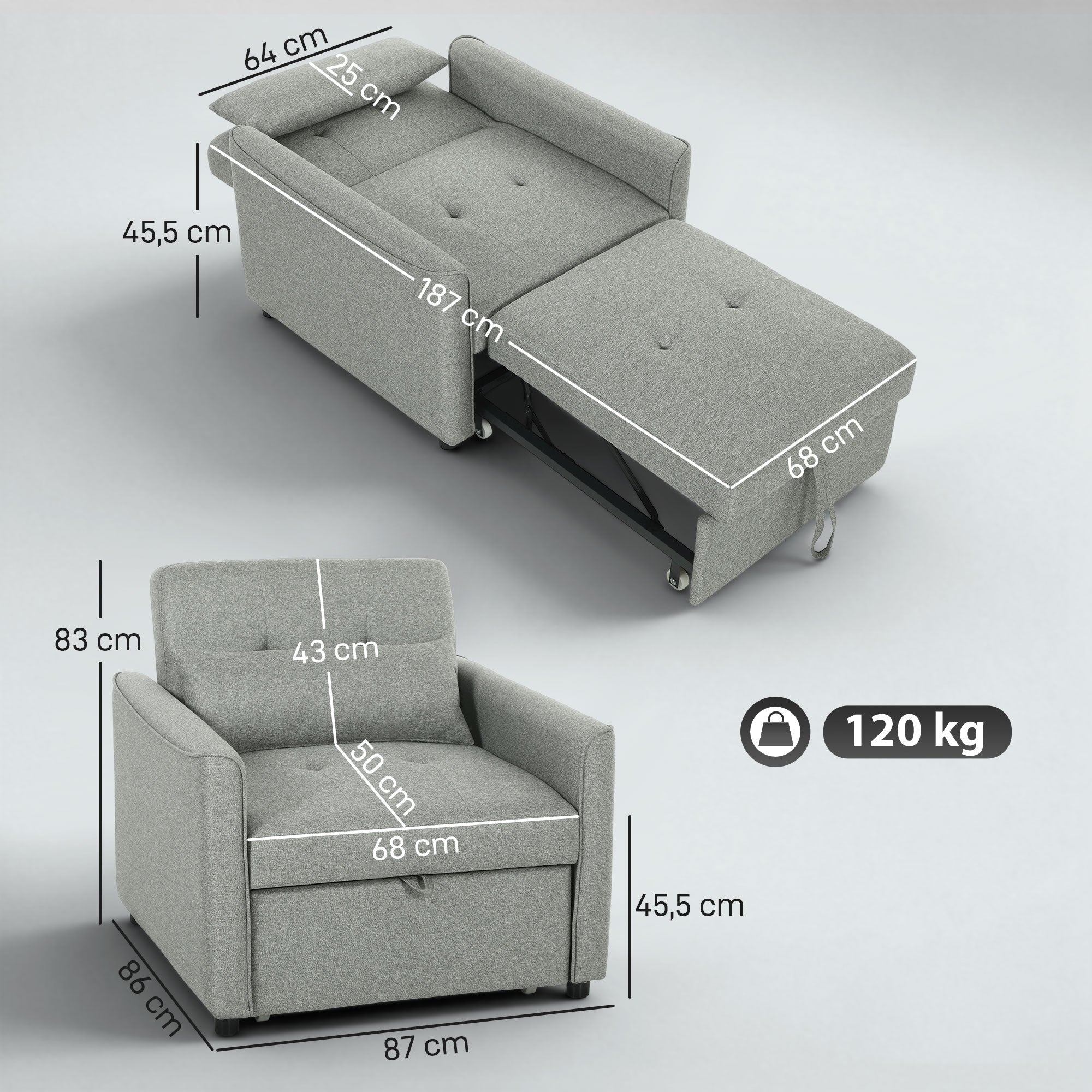 3-in-1 Convertible Sleeper Chair — Adjustable Backrest, Wide Seat, Lumbar Pillow, Linen-Look Sofa Bed, Gray