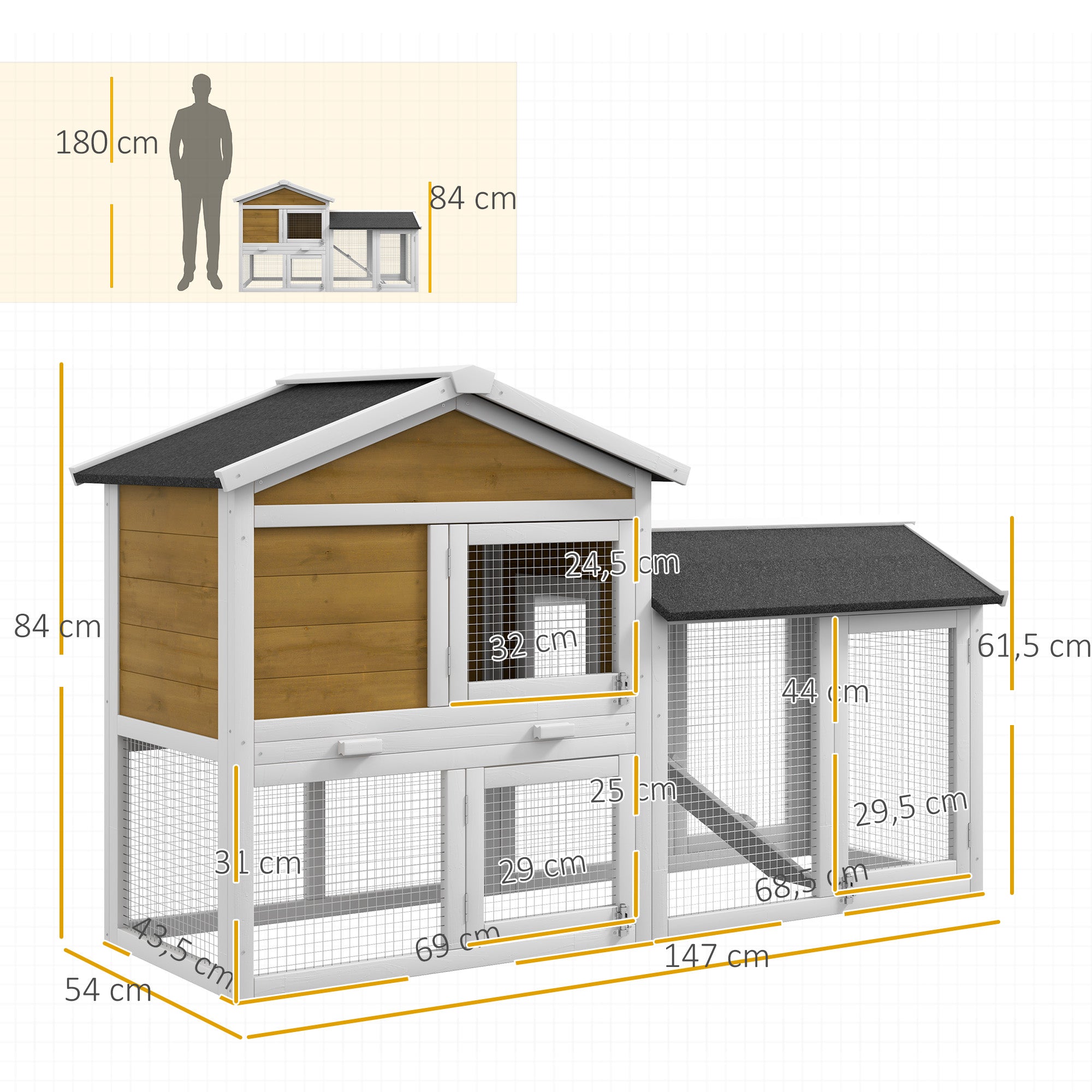 2-Story Weatherproof Wooden Rabbit Hutch 147 x 54 x 84 cm (57.9 x 21.3 x 33.1 in) – Waterproof Bitumen Roof, Run, Ramp & Doors, Yellow