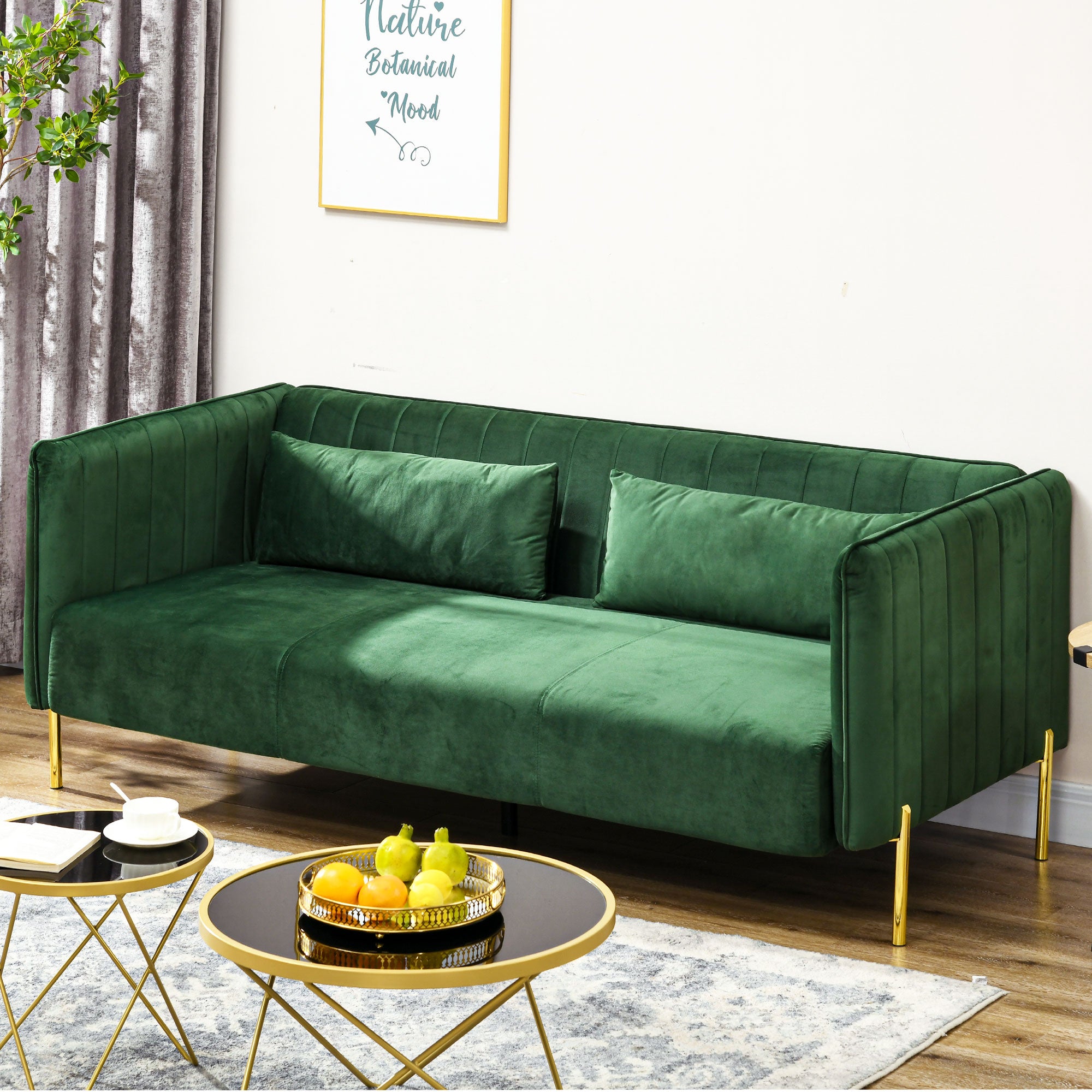 3-Seater Space-Saving Sofa with Padded Cushions, Modern Sofa with Steel Legs and Velvet Fabric, 200x88x76 cm, Green
