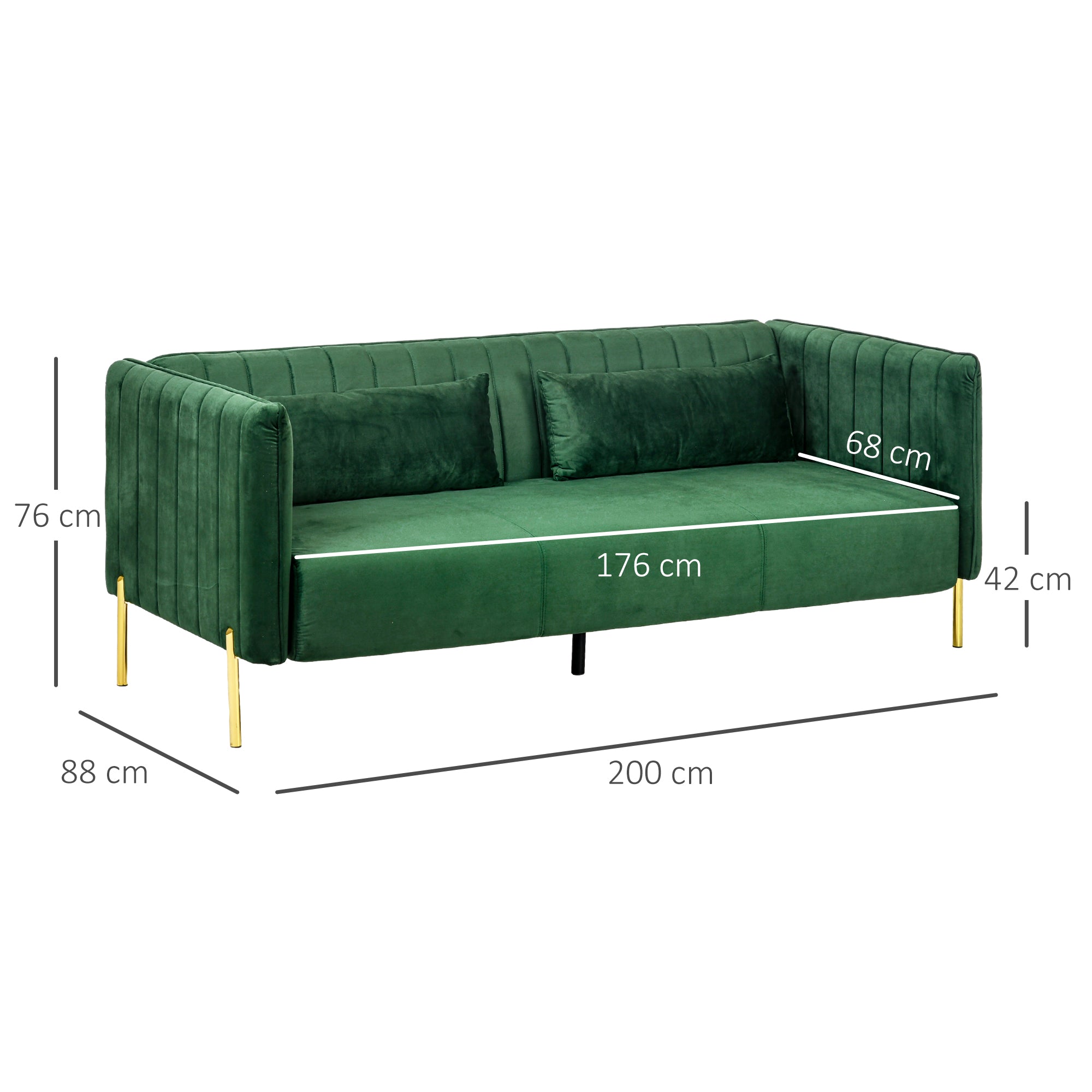 3-Seater Space-Saving Sofa with Padded Cushions, Modern Sofa with Steel Legs and Velvet Fabric, 200x88x76 cm, Green