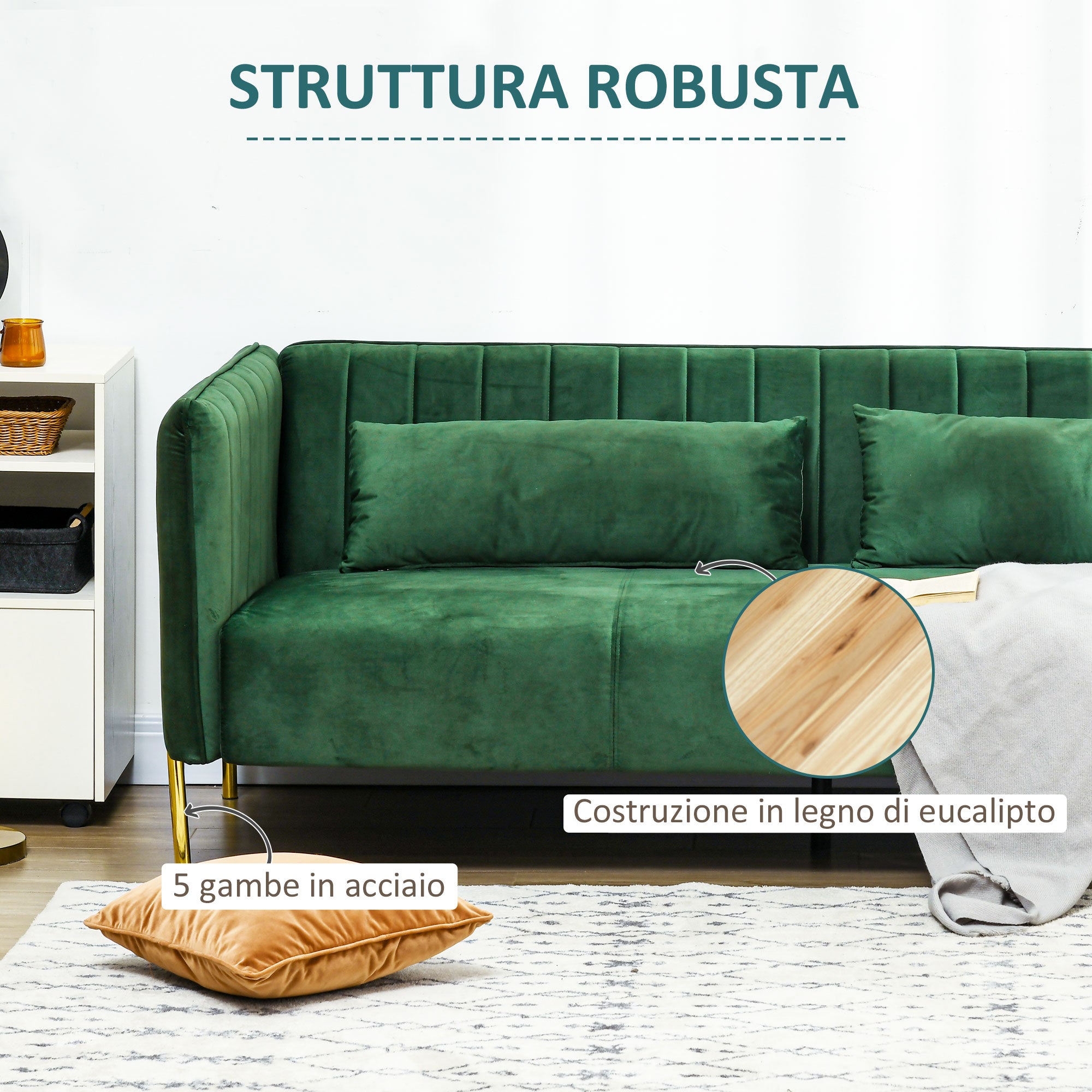 3-Seater Space-Saving Sofa with Padded Cushions, Modern Sofa with Steel Legs and Velvet Fabric, 200x88x76 cm, Green