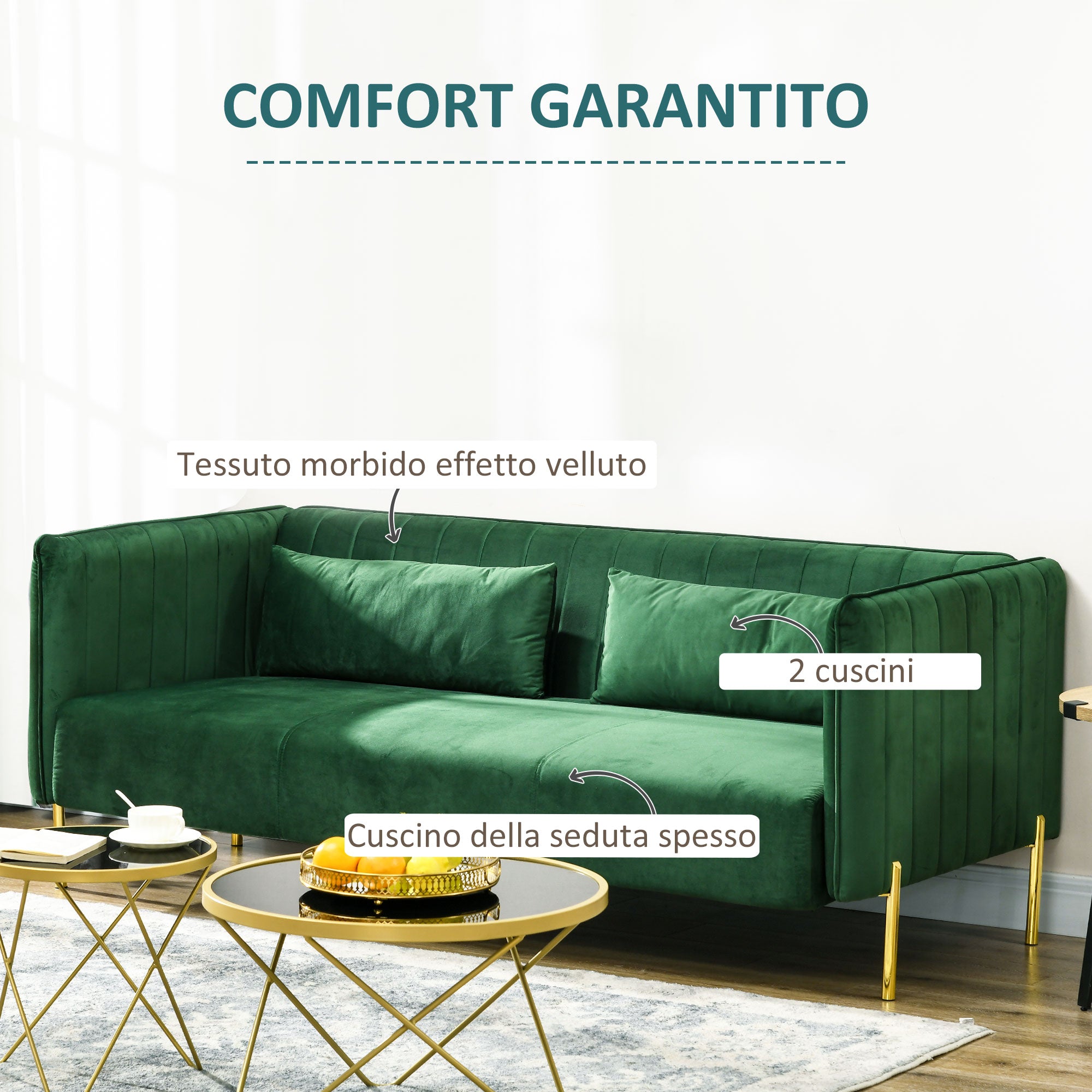 3-Seater Space-Saving Sofa with Padded Cushions, Modern Sofa with Steel Legs and Velvet Fabric, 200x88x76 cm, Green