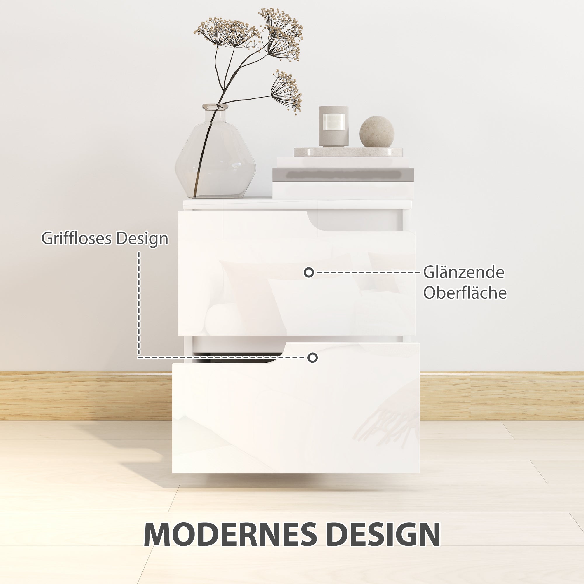 Nightstand Bedside Table with 2 Drawers, Side Table for Living Room, Bedroom, 40 x 40 x 48 cm, High Gloss White