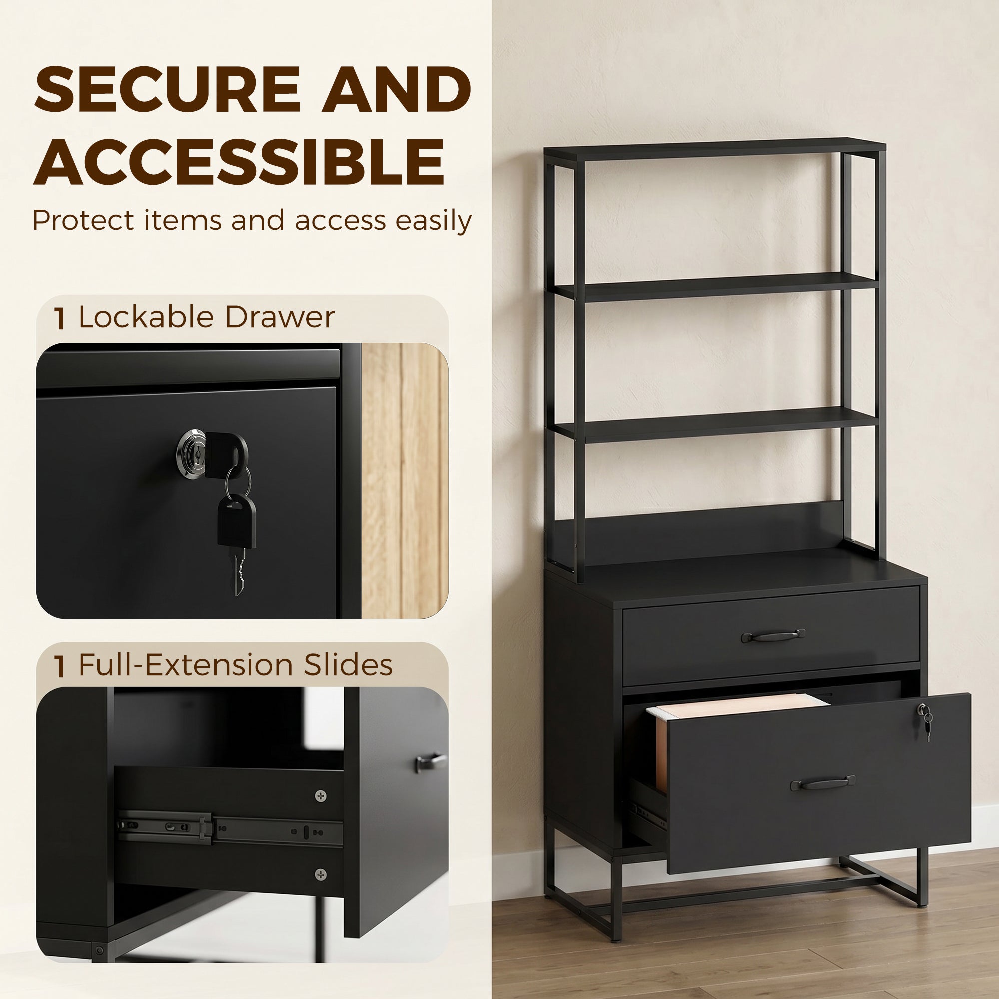 Filing Cabinet Office Storage with Bookshelf for A4, Letter & Legal Files, 2 Drawers, Printer Stand, Black