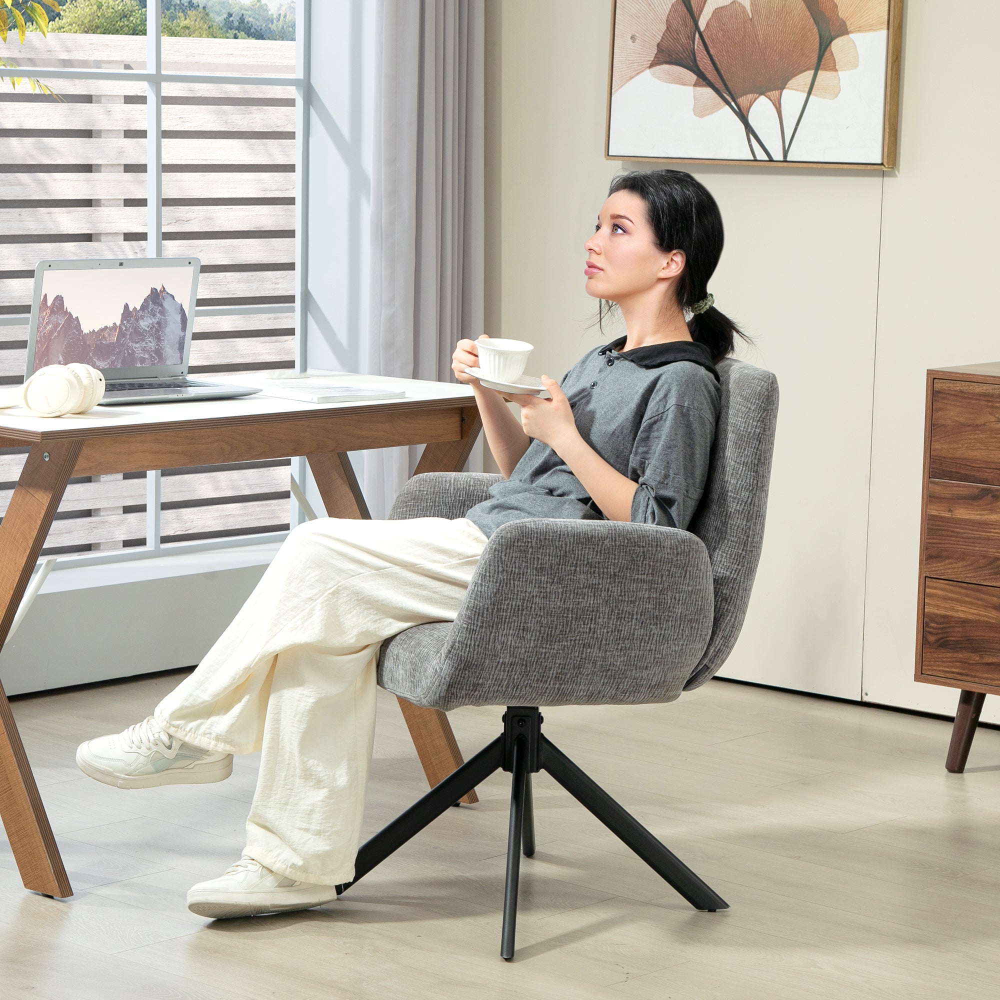 Armchair Swivel Lounge Chair with Armrest, Wool-Linen Look, Modern Upholstered Chair with Button Tufting, Steel Legs, for Living Room, Bedroom, Dark Grey