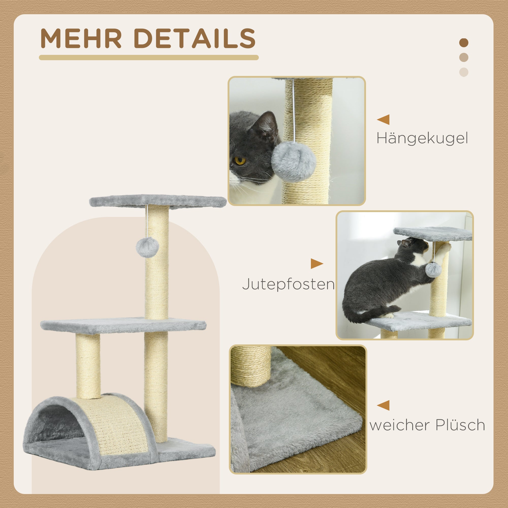 72 cm Cat Tower with Plush Balls, Sisal Posts, Platform, Scratching Pad Multi-Level Cat Tree, Climbing Tree, for Medium-Sized Cats, Light Gray