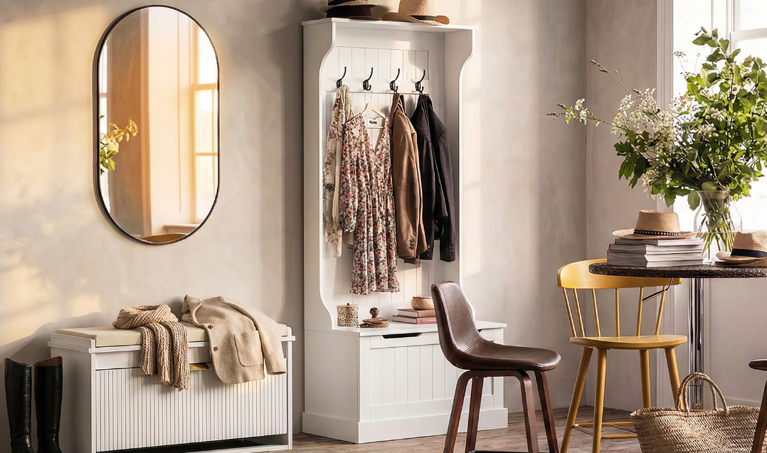 Modern interior with a mirror, coat rack, and small table with decor items.