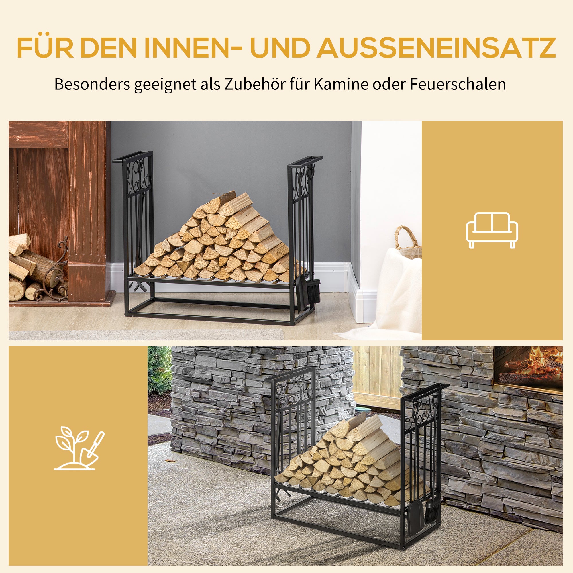 Firewood Stand with Fireplace Tools, Wood Rack, Firewood Storage, Fireplace Tool Set, Steel Black 75 x 30 x 60 cm