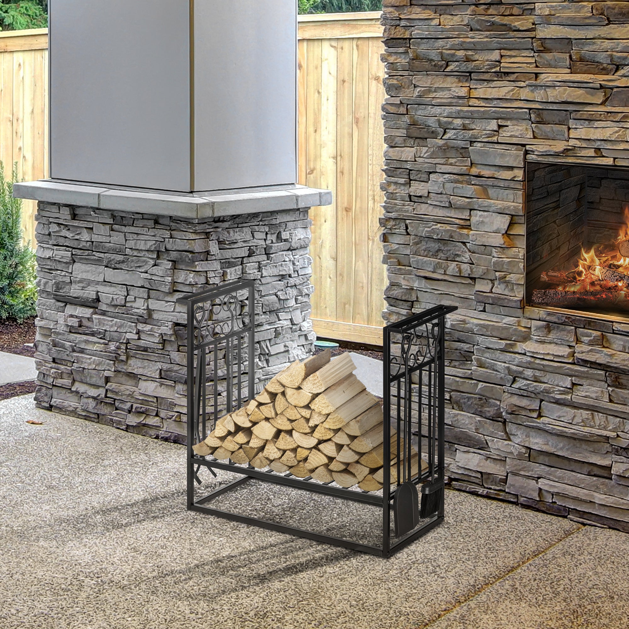 Firewood Stand with Fireplace Tools, Wood Rack, Firewood Storage, Fireplace Tool Set, Steel Black 75 x 30 x 60 cm