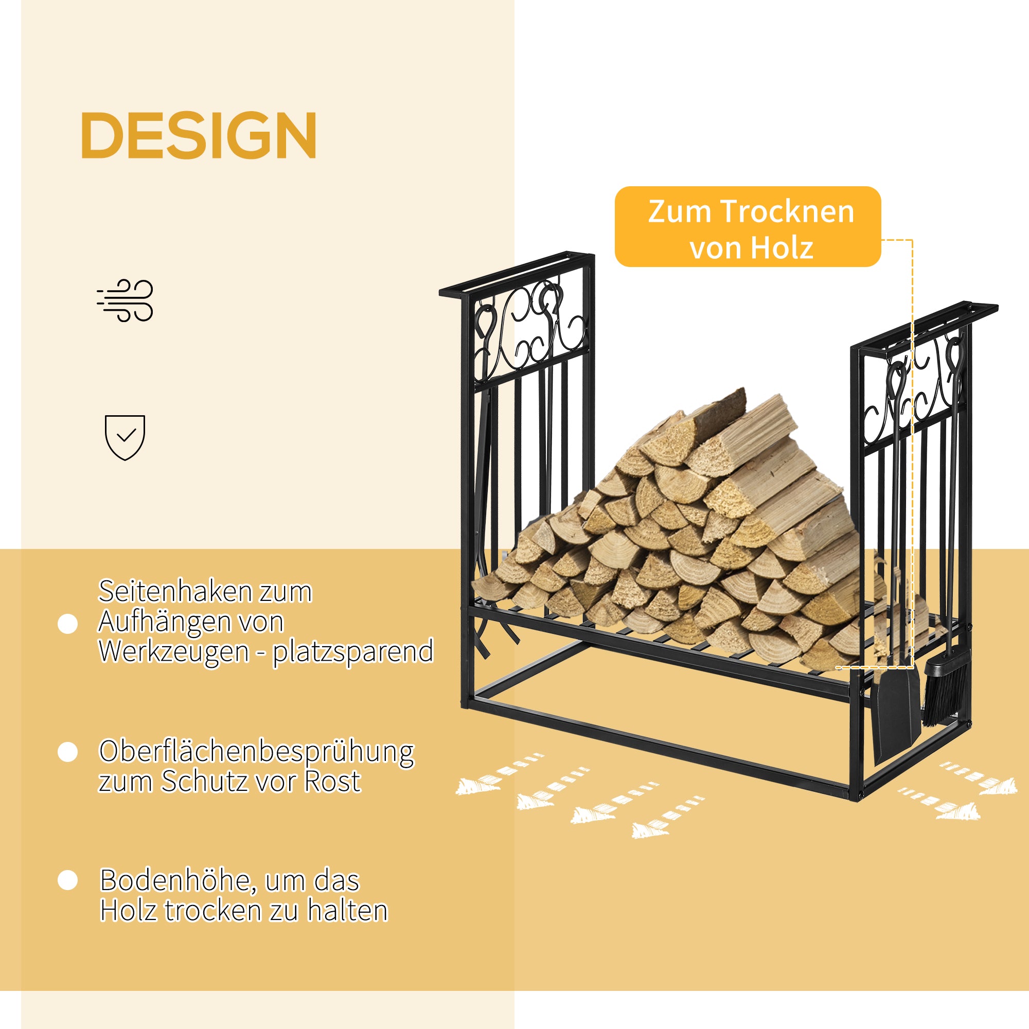 Firewood Stand with Fireplace Tools, Wood Rack, Firewood Storage, Fireplace Tool Set, Steel Black 75 x 30 x 60 cm
