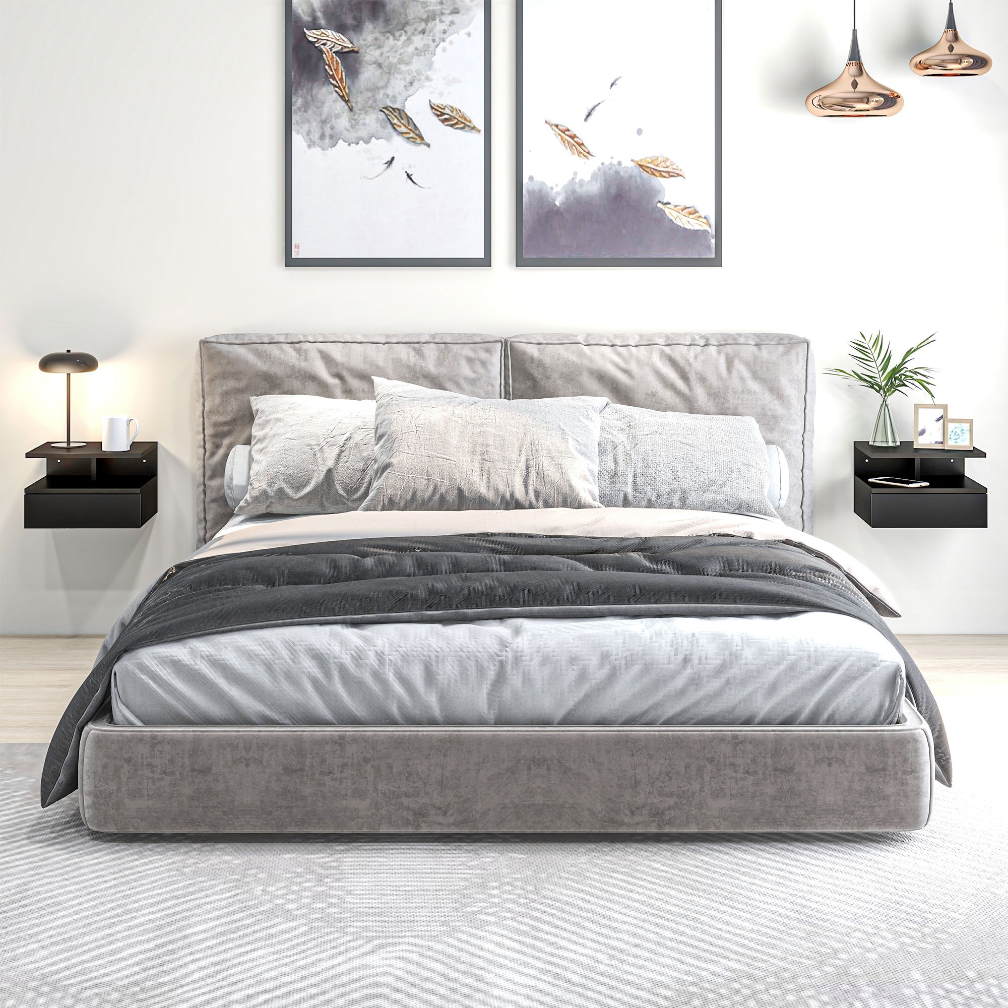 Set of 2 Floating Bedside Tables Hanging Bedside Tables with 1 Drawer and Open Shelf for Bedroom 35x32x22.5 cm Black