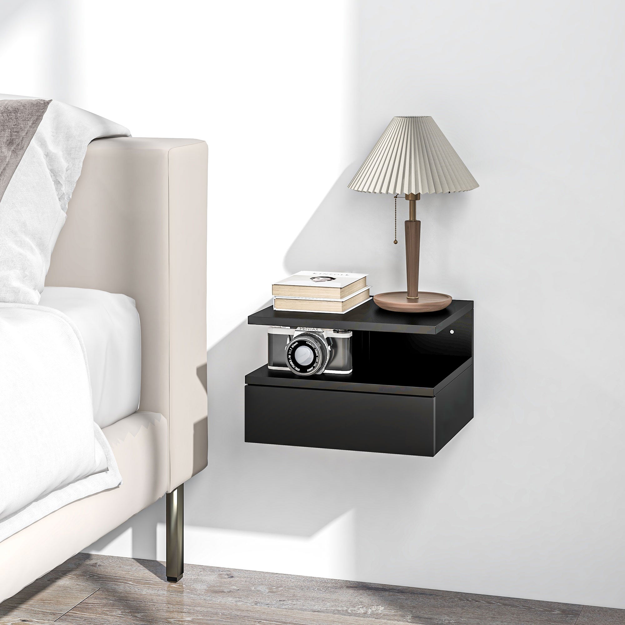 Set of 2 Floating Bedside Tables Hanging Bedside Tables with 1 Drawer and Open Shelf for Bedroom 35x32x22.5 cm Black