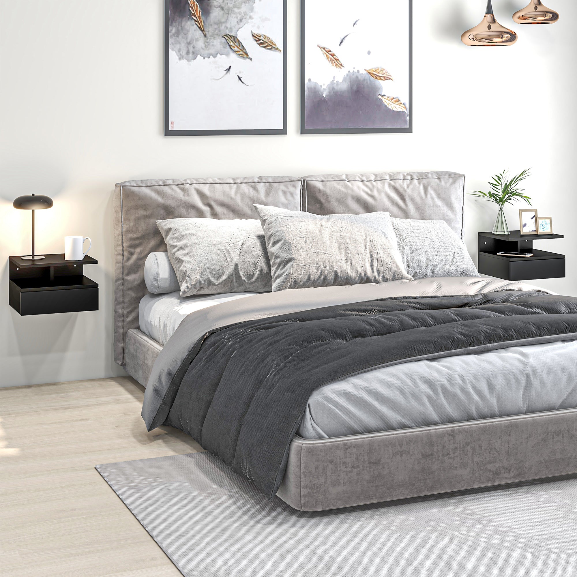 Set of 2 Floating Bedside Tables Hanging Bedside Tables with 1 Drawer and Open Shelf for Bedroom 35x32x22.5 cm Black