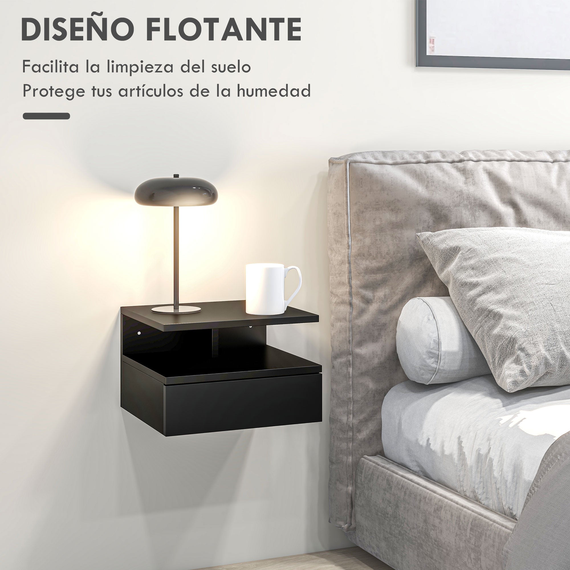 Set of 2 Floating Bedside Tables Hanging Bedside Tables with 1 Drawer and Open Shelf for Bedroom 35x32x22.5 cm Black