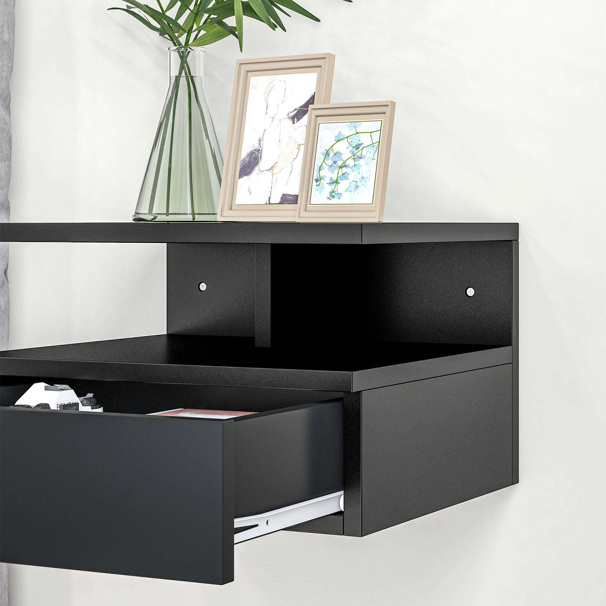 Set of 2 Floating Bedside Tables Hanging Bedside Tables with 1 Drawer and Open Shelf for Bedroom 35x32x22.5 cm Black
