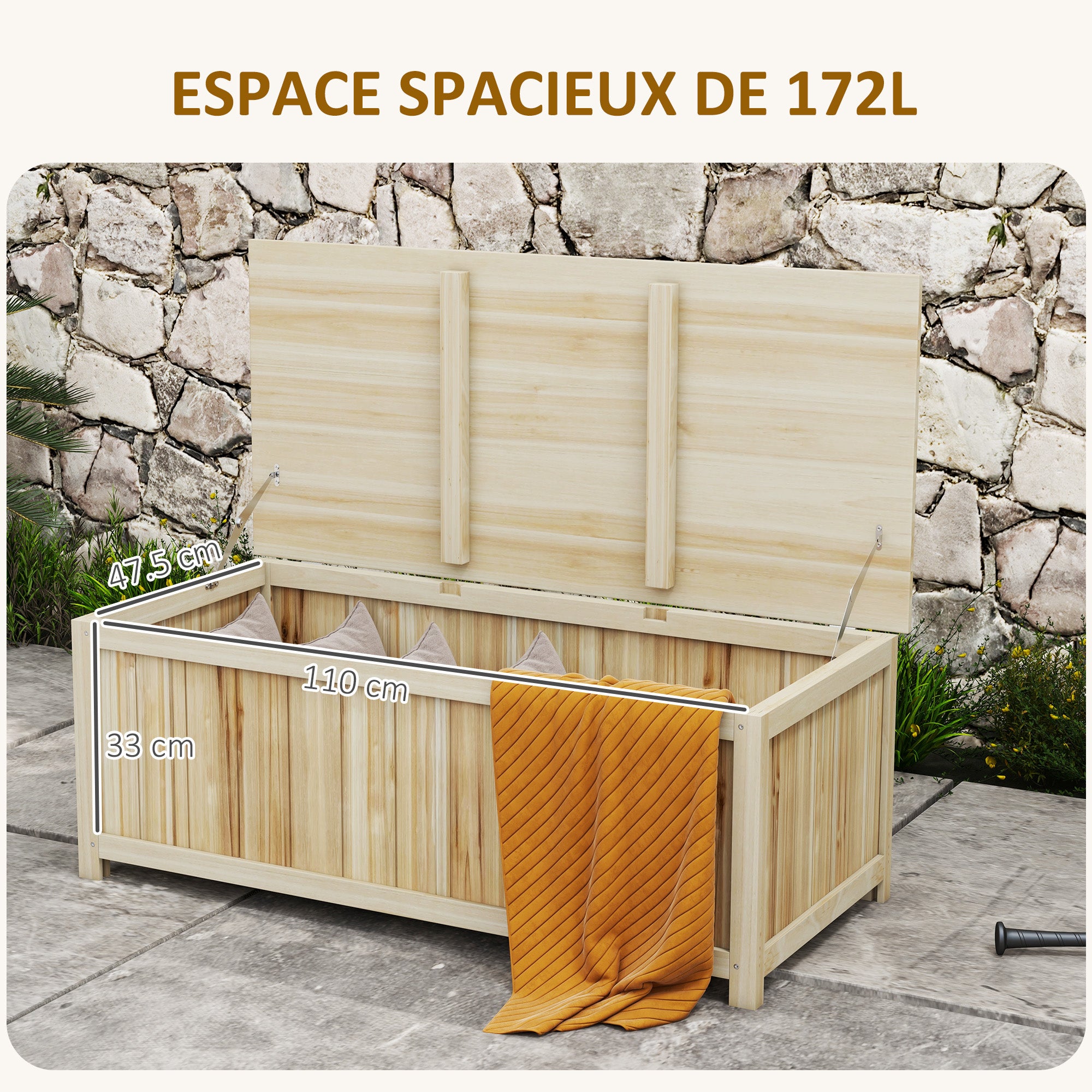 172L Wood Garden Storage Chest with Struts, for Outdoor - 120L x 55W x 45H cm