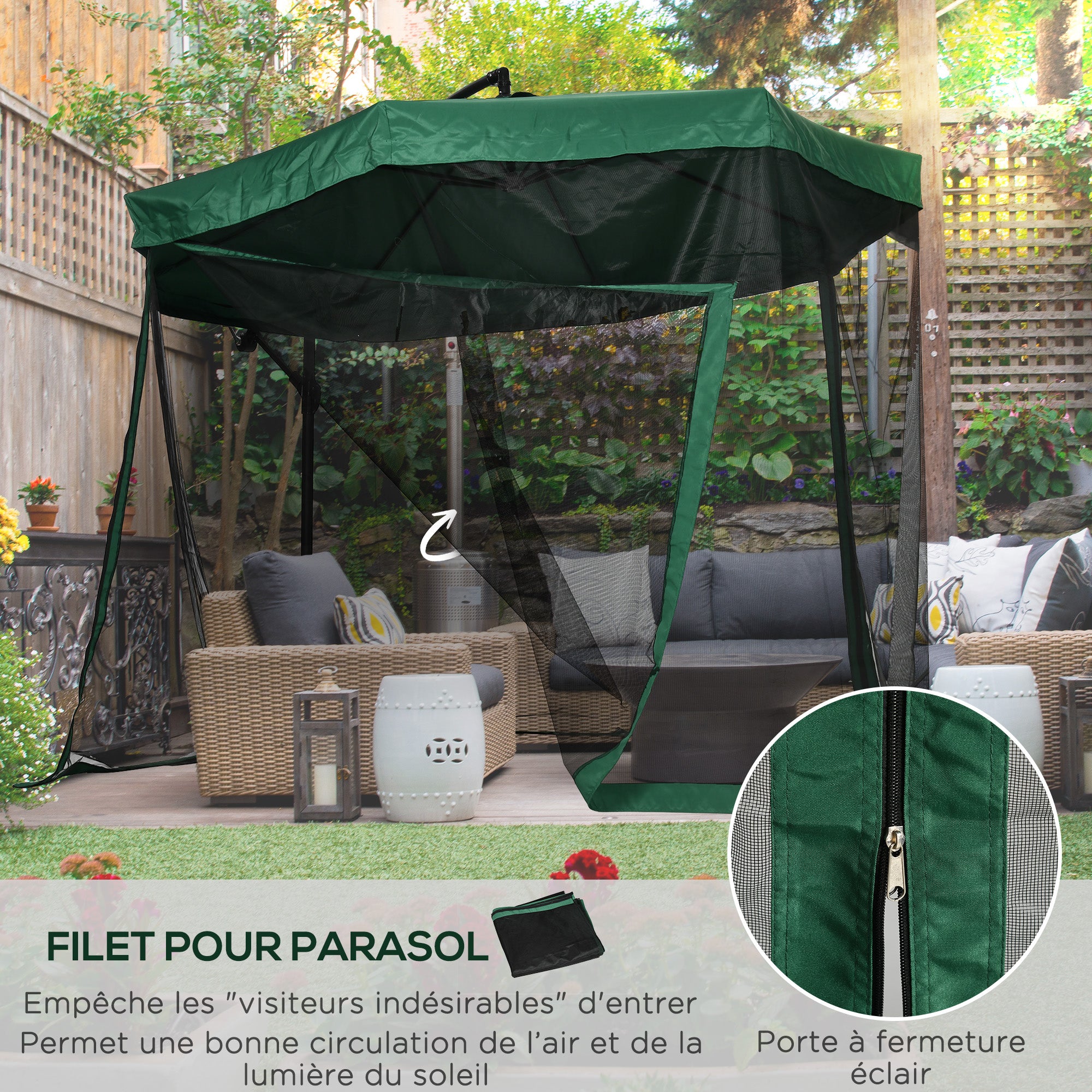 Offset Octagonal Umbrella 360 ° Rotating Crank with Mosquito Net and Cross Base Ø 295 x 242H cm - Green