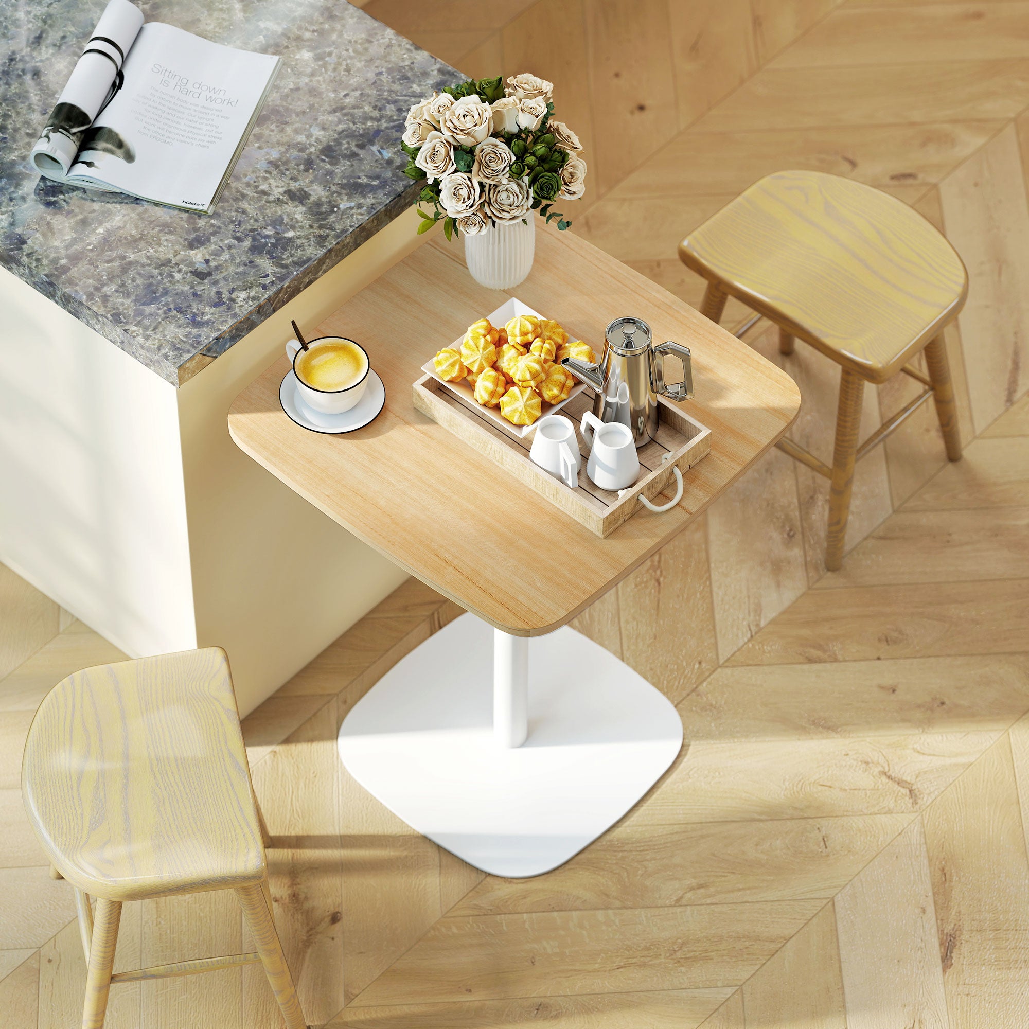 Small Square Dining Table for 2, Square Steel Base, Ideal for Small Spaces, Living Room — 23.6 x 23.6 x 29.5 in (60 x 60 x 75 cm), Natural Wood & White