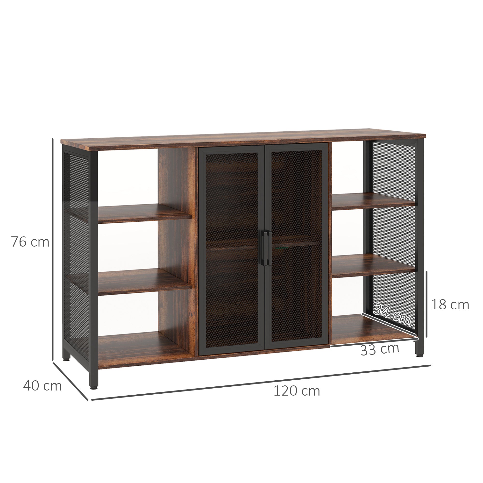 Industrial Kitchen Sideboard Buffet Cabinet with 6 Open Shelves Glass Holder and Adjustable Shelf for Dining Room Bar 120x40x76 cm Rustic Brown