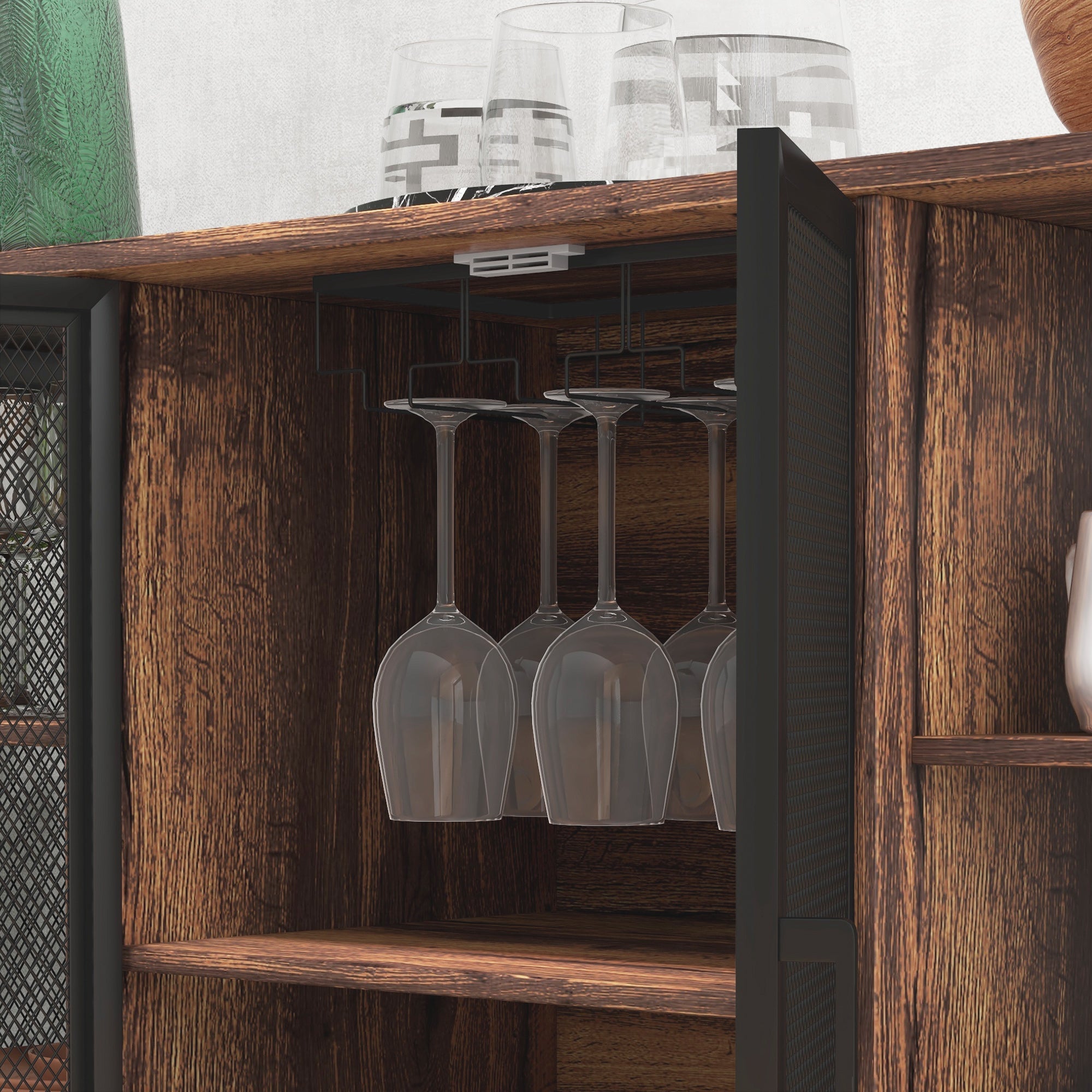 Industrial Kitchen Sideboard Buffet Cabinet with 6 Open Shelves Glass Holder and Adjustable Shelf for Dining Room Bar 120x40x76 cm Rustic Brown