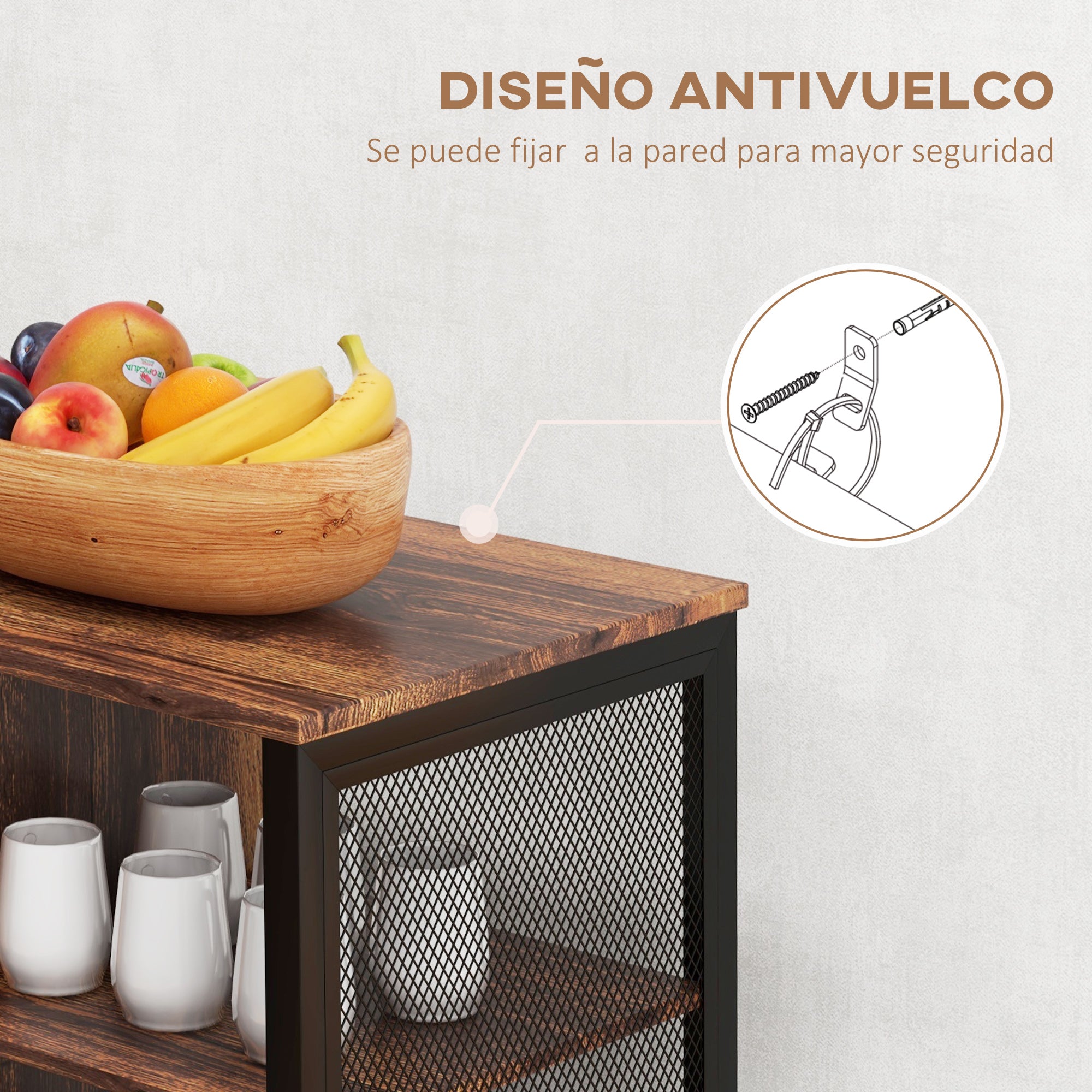 Industrial Kitchen Sideboard Buffet Cabinet with 6 Open Shelves Glass Holder and Adjustable Shelf for Dining Room Bar 120x40x76 cm Rustic Brown