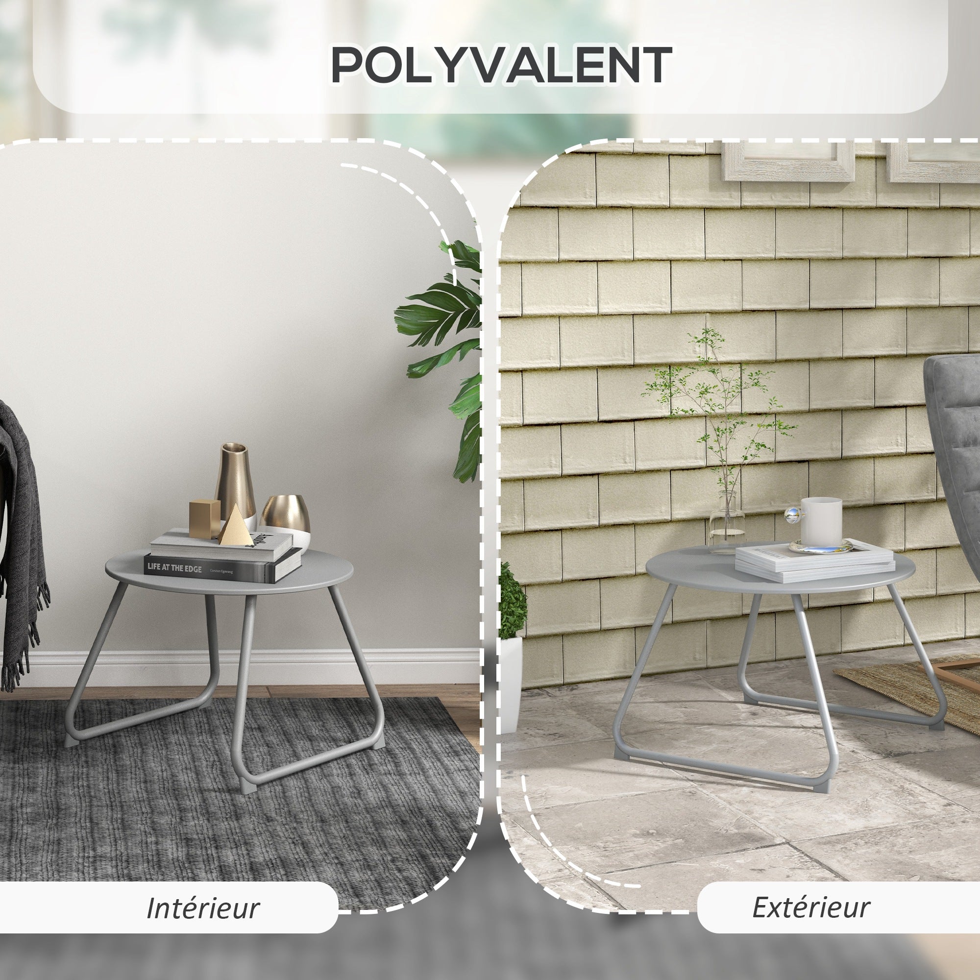 Round garden coffee table, outdoor side table, Ø60 cm, adjustable non-slip pads, epoxy metal, grey