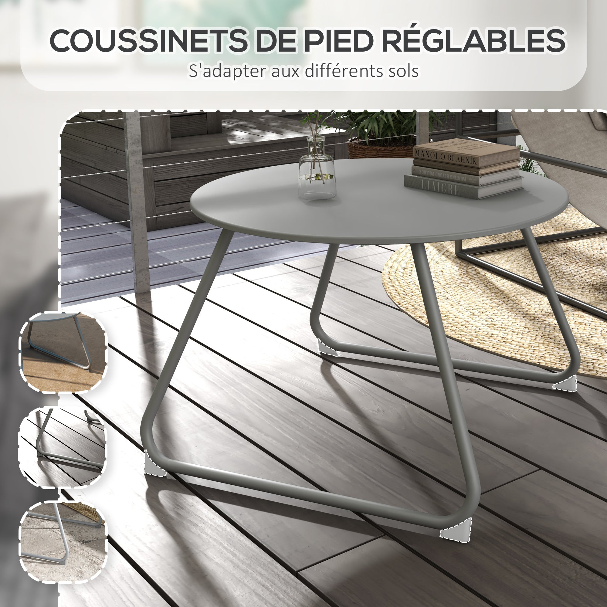 Round garden coffee table, outdoor side table, Ø60 cm, adjustable non-slip pads, epoxy metal, grey