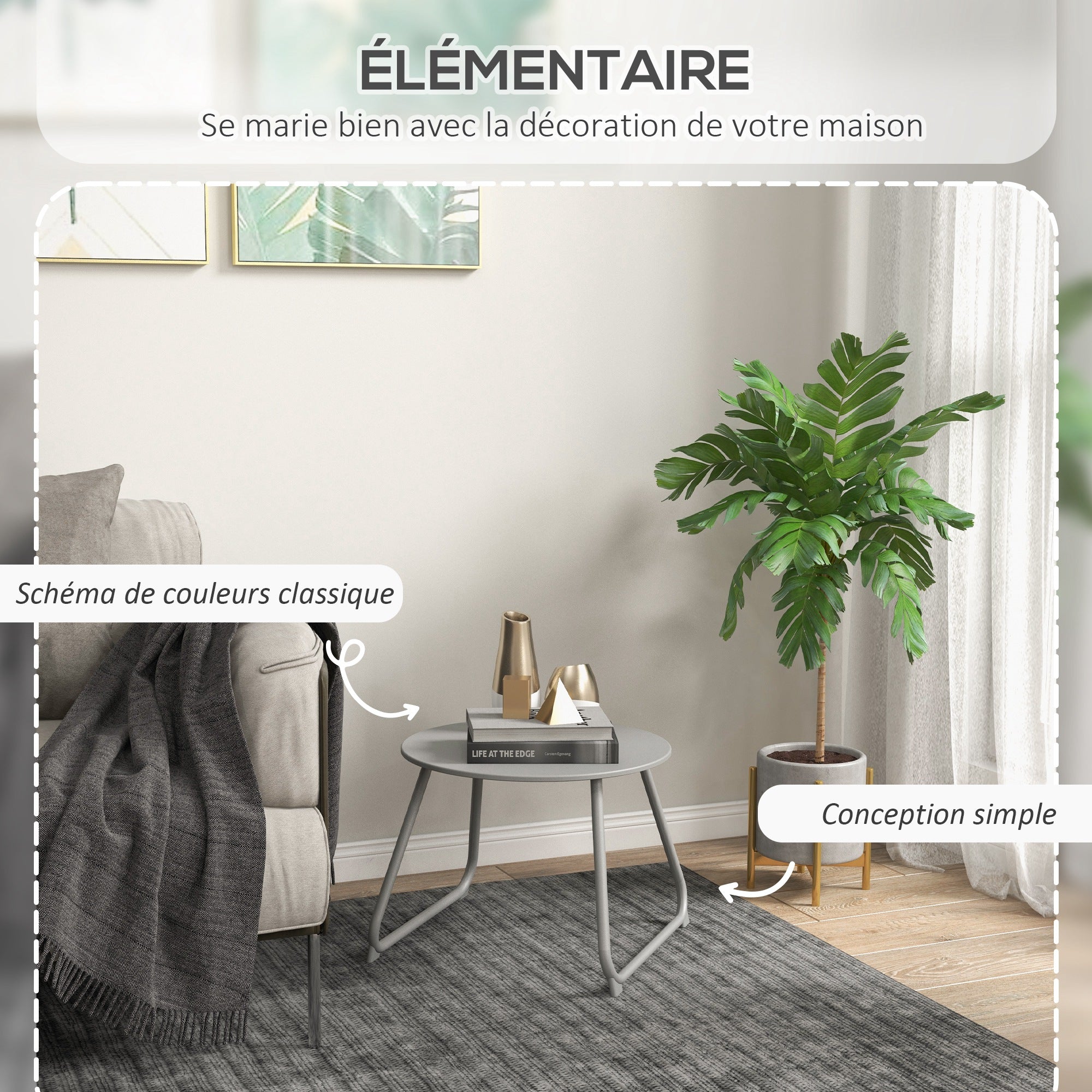 Round garden coffee table, outdoor side table, Ø60 cm, adjustable non-slip pads, epoxy metal, grey