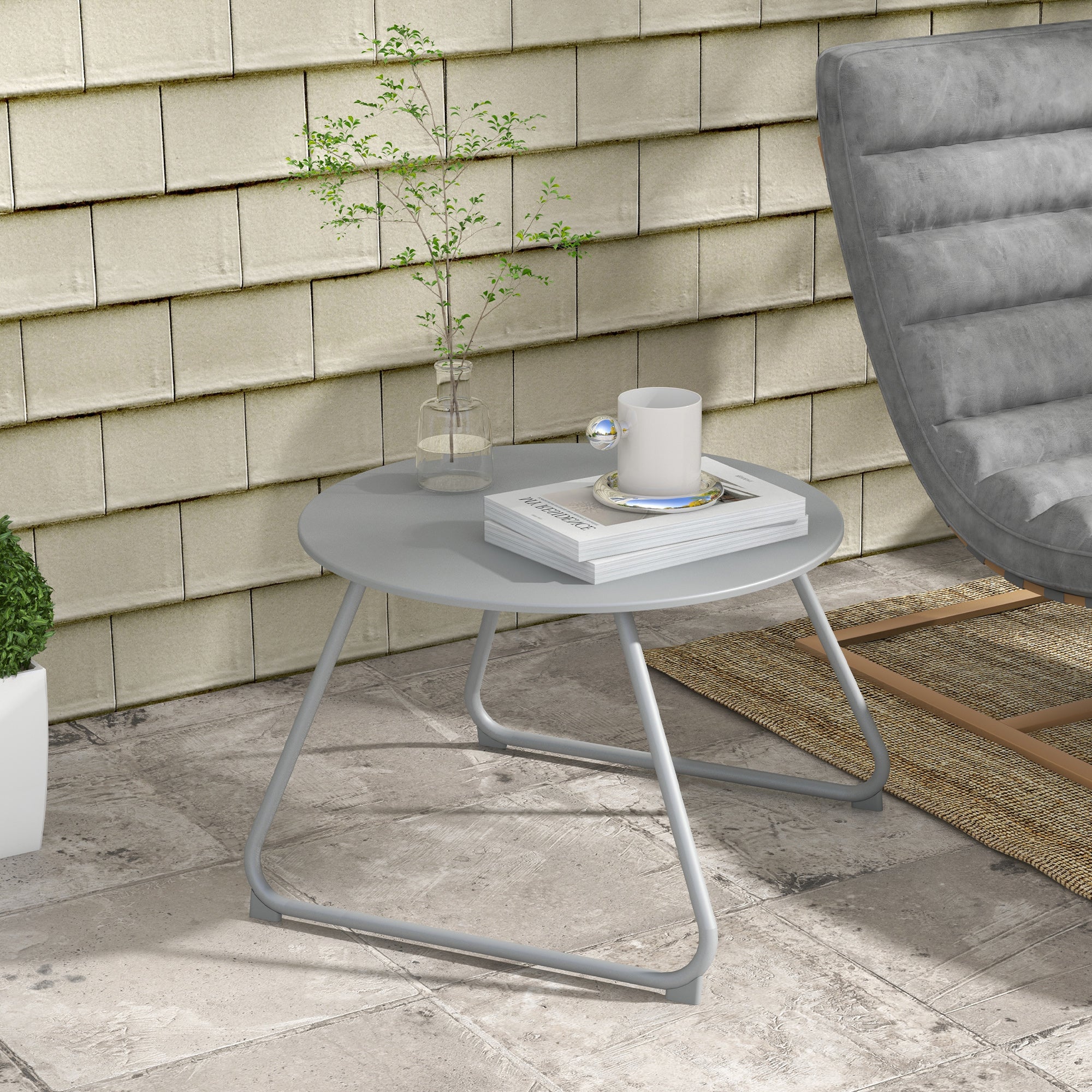 Round garden coffee table, outdoor side table, Ø60 cm, adjustable non-slip pads, epoxy metal, grey