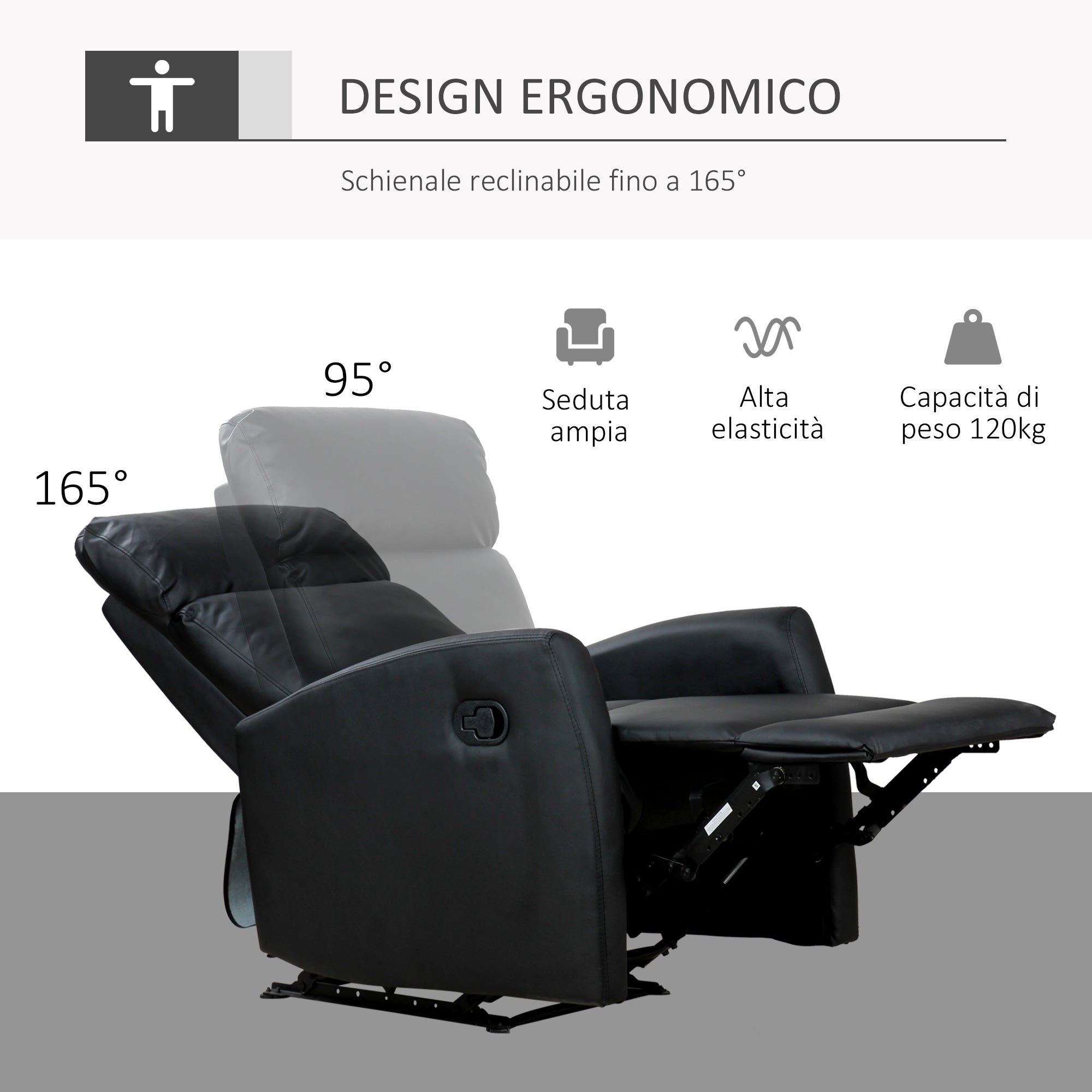 Reclining Relax Armchair, Adjustable and Ergonomic, in PU Leather with Padding, for Home and Office, 65x92x100 cm, Black