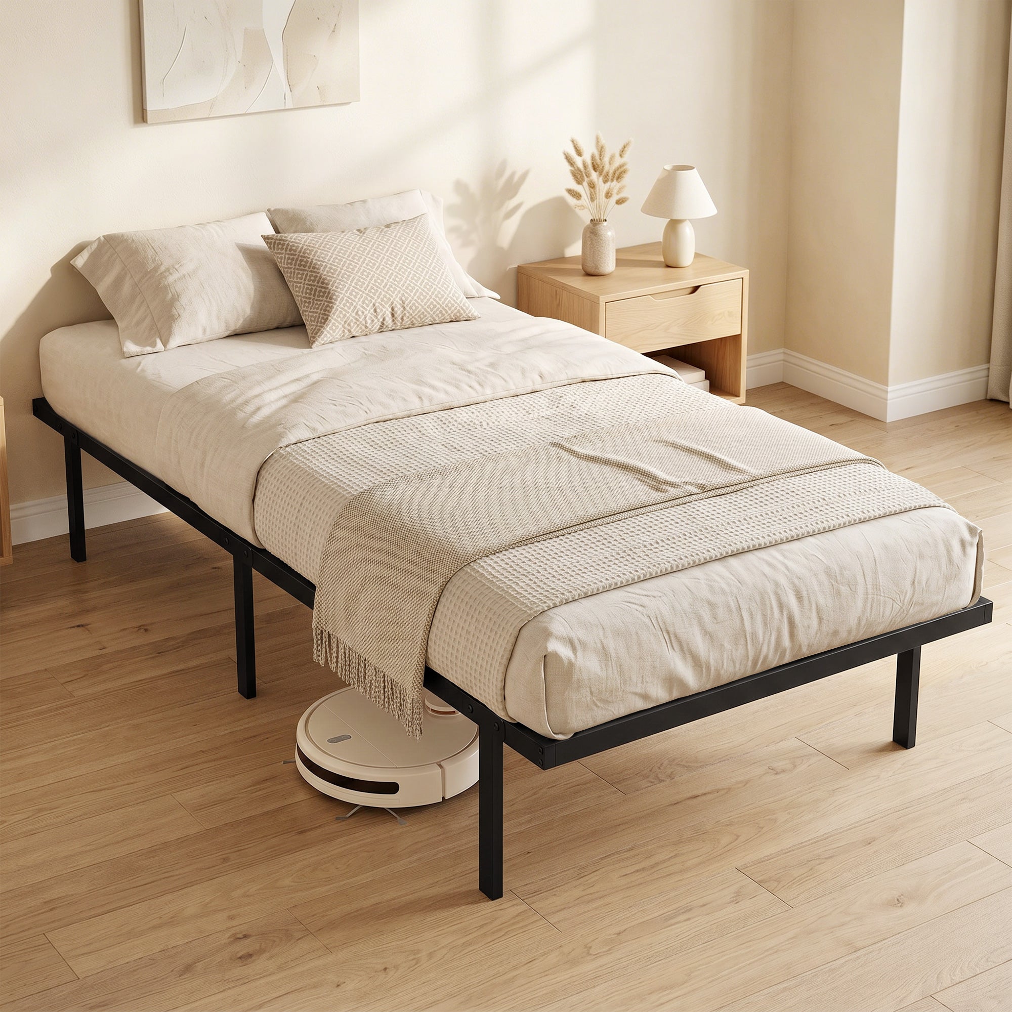 Metal Bed Frame with Under-Bed Storage, 14.0" Height, Quiet Design, No Slats Needed, Easy Assembly, 35.4 x 78.7 in (90 x 200 cm), Black