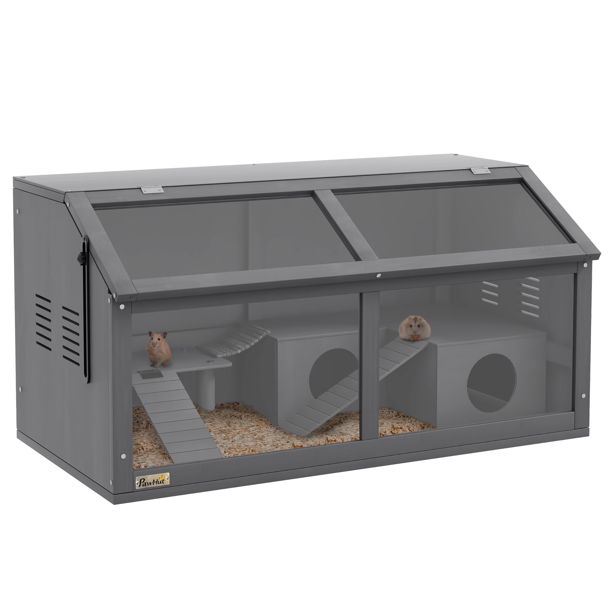 Wooden Dwarf Hamster Cage, 85 x 45 x 44 cm — Small Animal Cage with Top Door, Hanging Bridge, Ladders, House & Feeding Station — Dark Gray