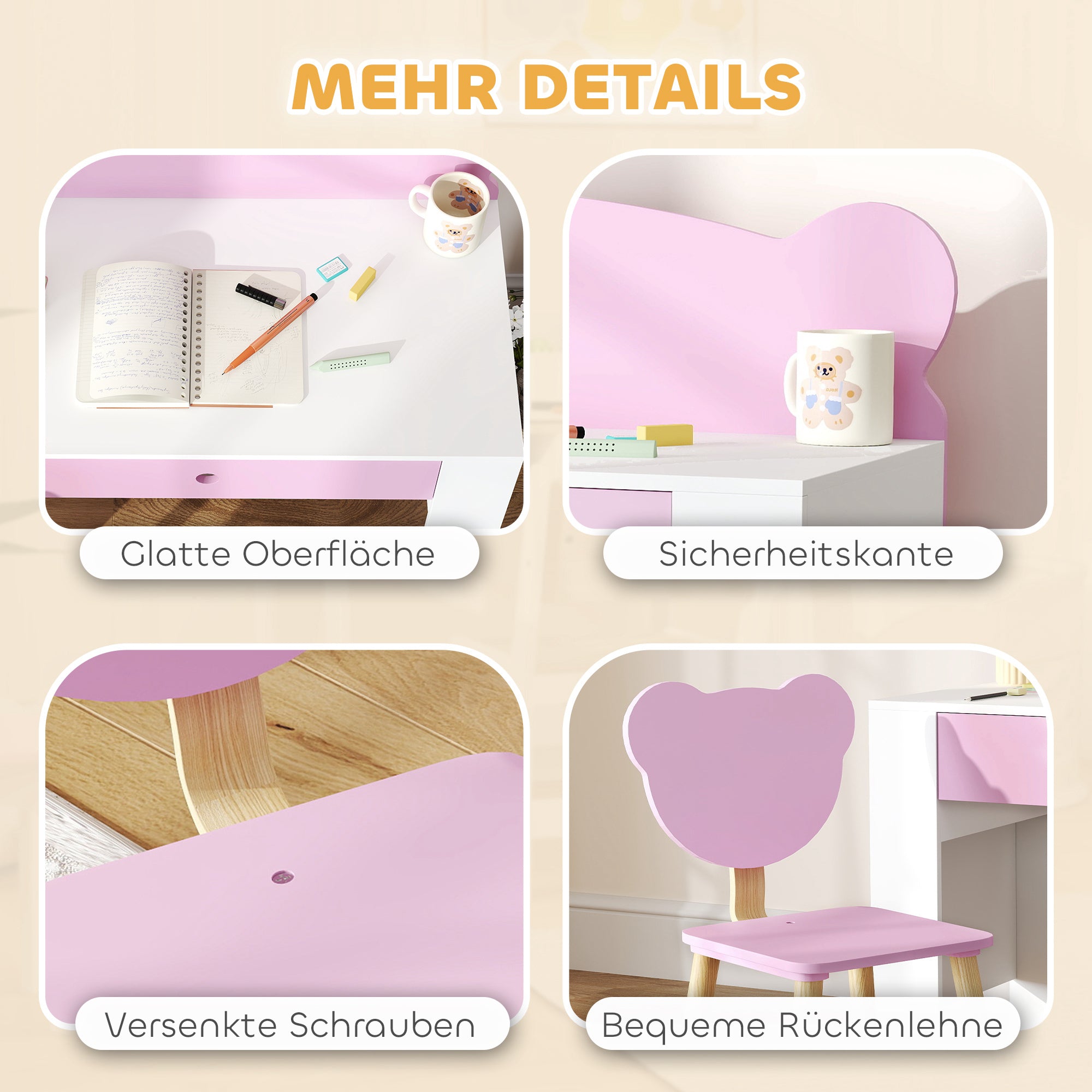 Kids Desk Set with Desktop & Drawer Kids Desk and Chair with Bear Shape Student Desk Kids Table Youth Desk for Boys & Girls Pink