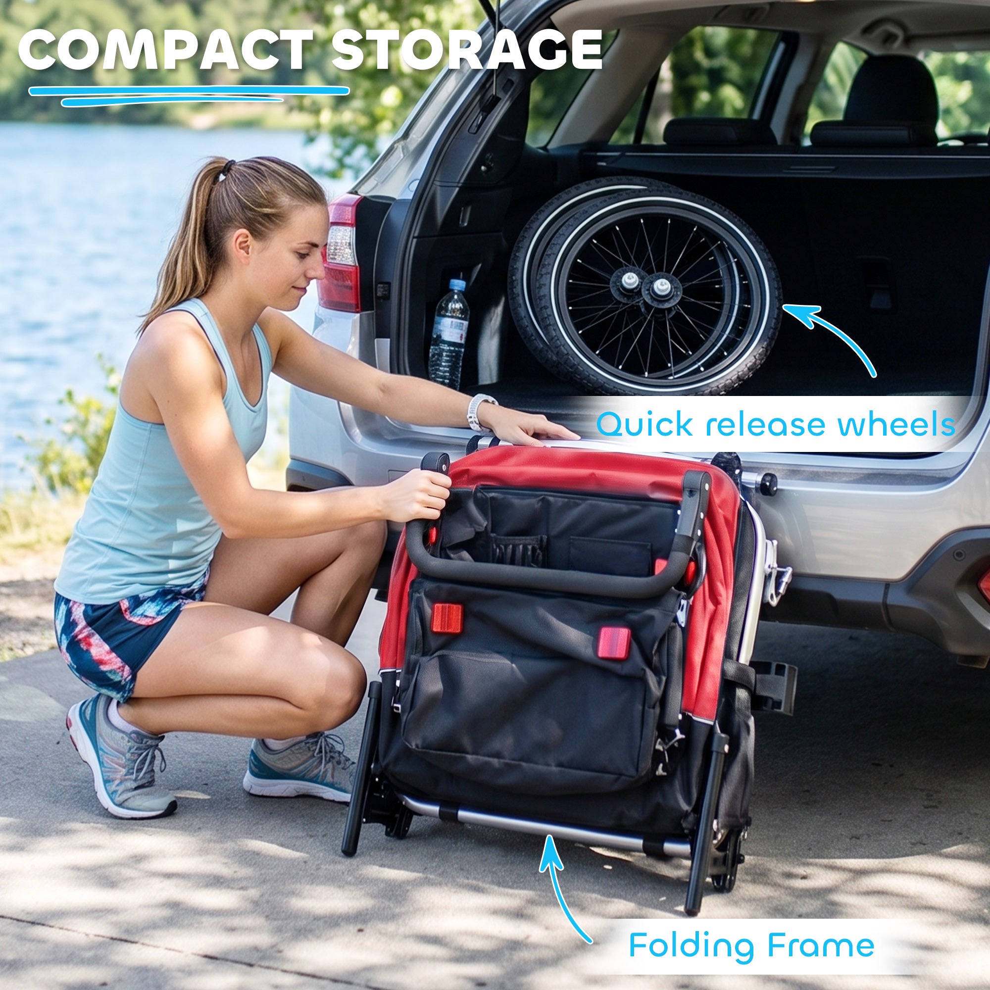 2-in-1 Bike Trailer & Stroller, 2-Seater Foldable Child Bike Trailer with 5-Point Harness and Safety Flag — for Children from 12 Months, Max 18 kg (39.7 lb)