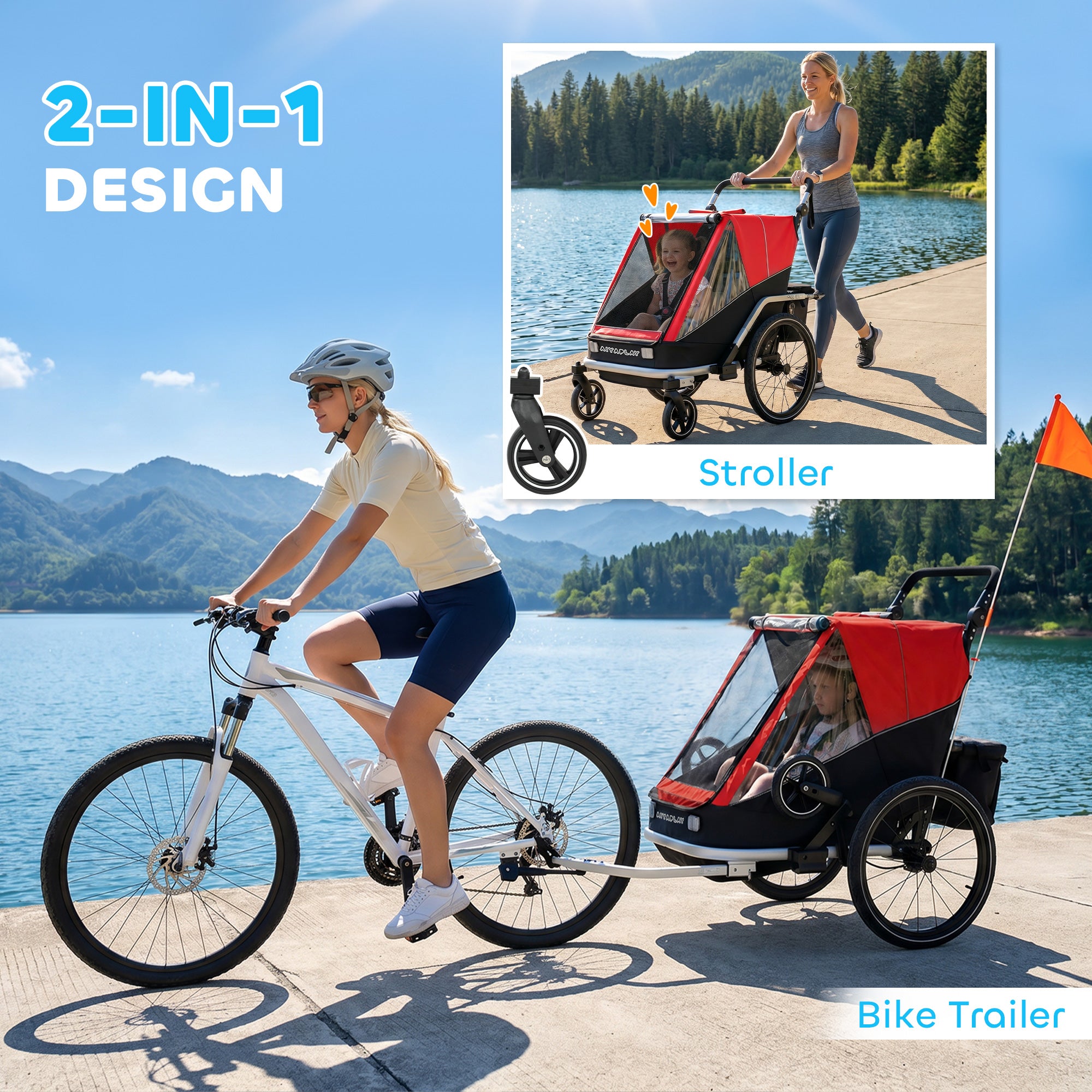 2-in-1 Bike Trailer & Stroller, 2-Seater Foldable Child Bike Trailer with 5-Point Harness and Safety Flag — for Children from 12 Months, Max 18 kg (39.7 lb)