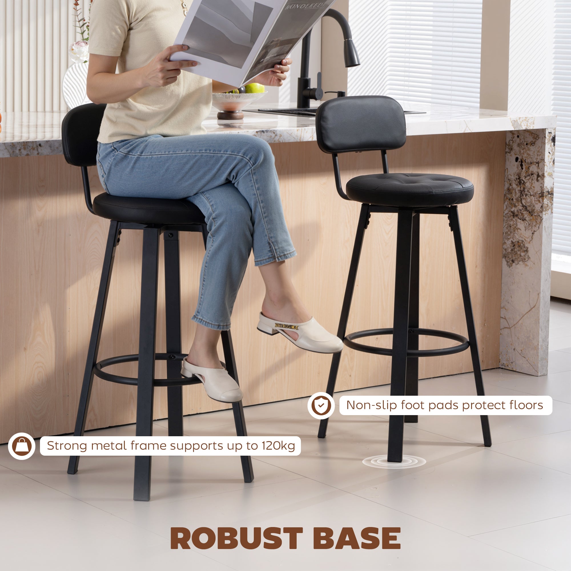 2-Pack Swivel Faux Leather Bar Stools with Backrest & Footrest, 30.1 in Seat Height, Black