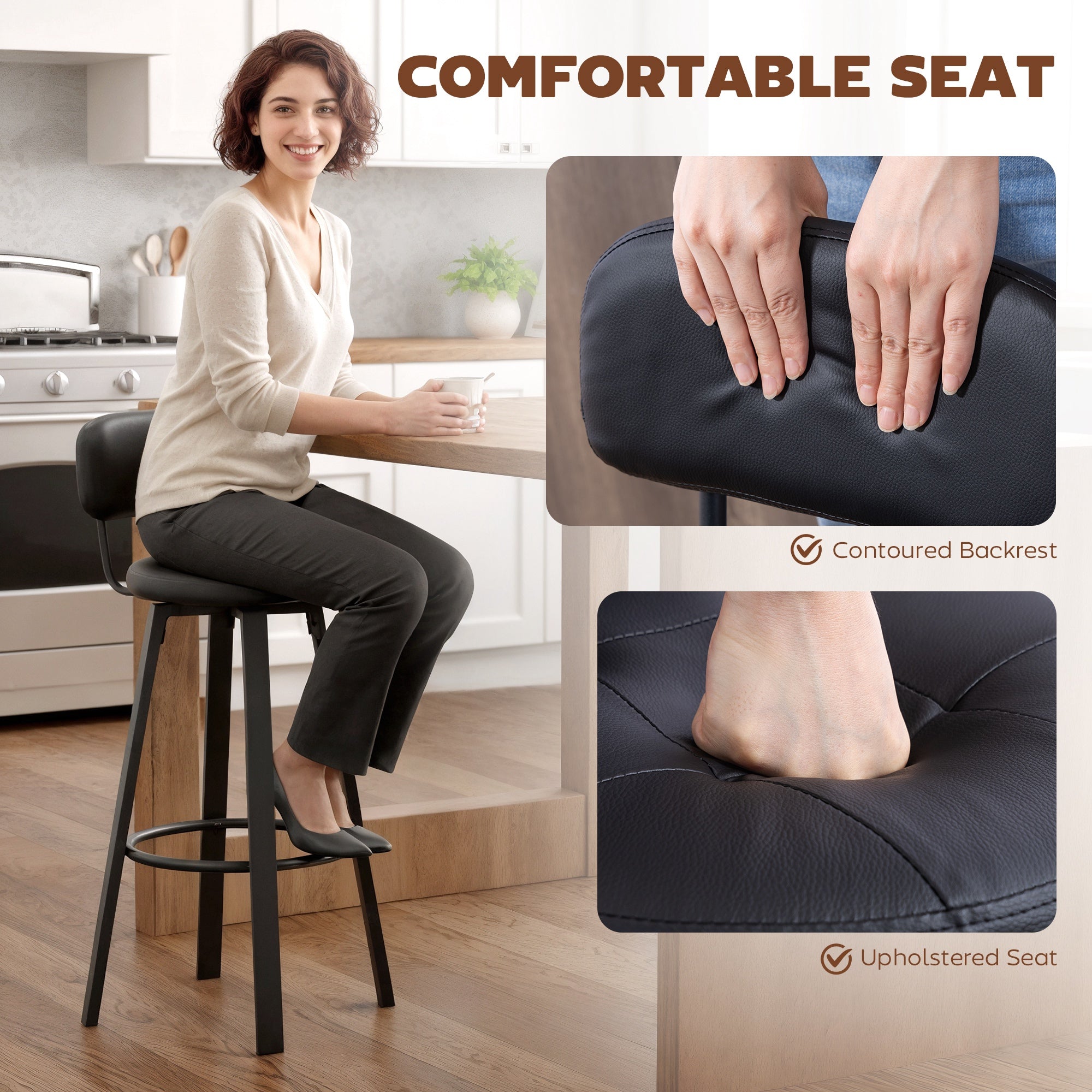 2-Pack Swivel Faux Leather Bar Stools with Backrest & Footrest, 30.1 in Seat Height, Black