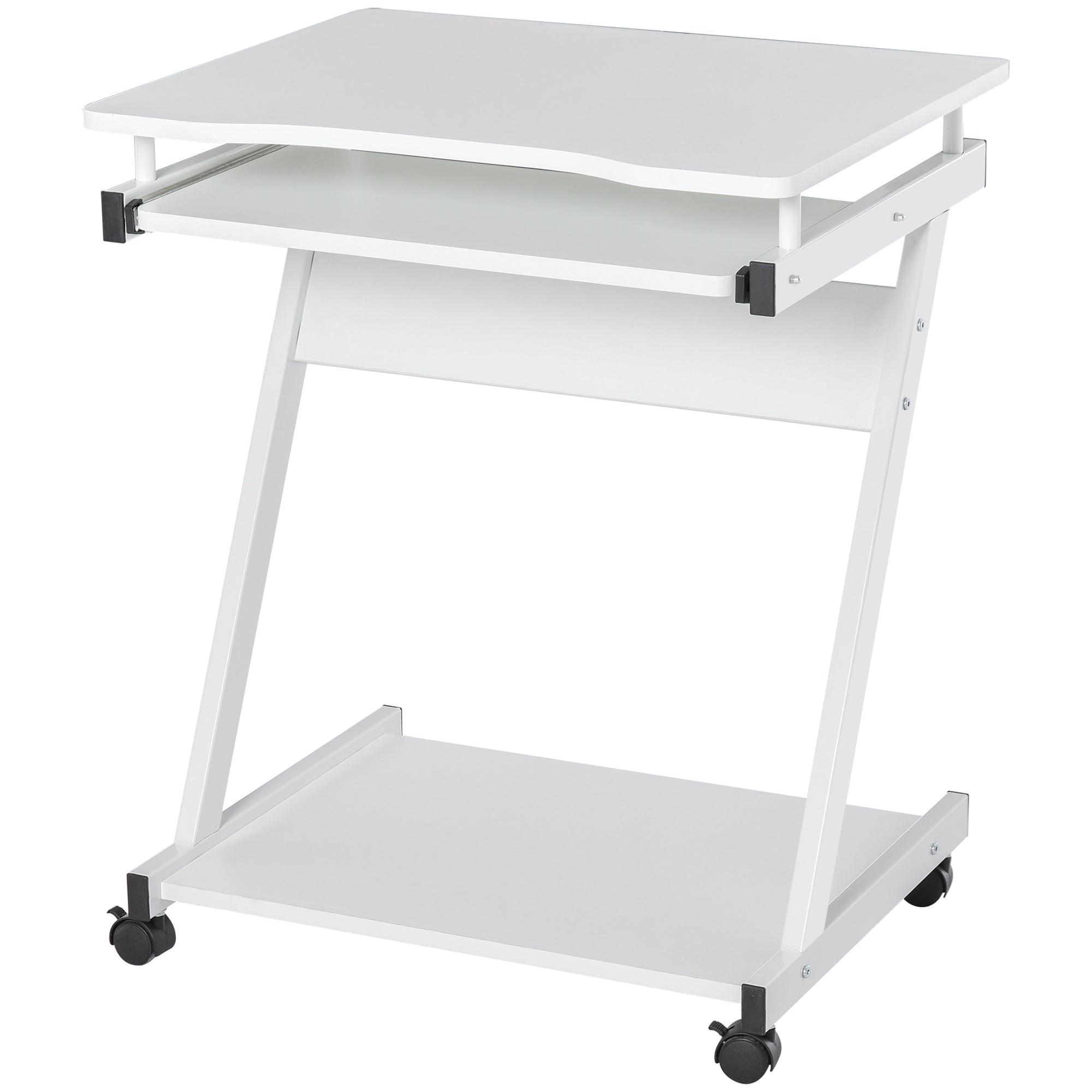 Rolling Computer Desk - Mobile Desk - Computer Table - Sliding Keyboard Shelf + Shelf - White