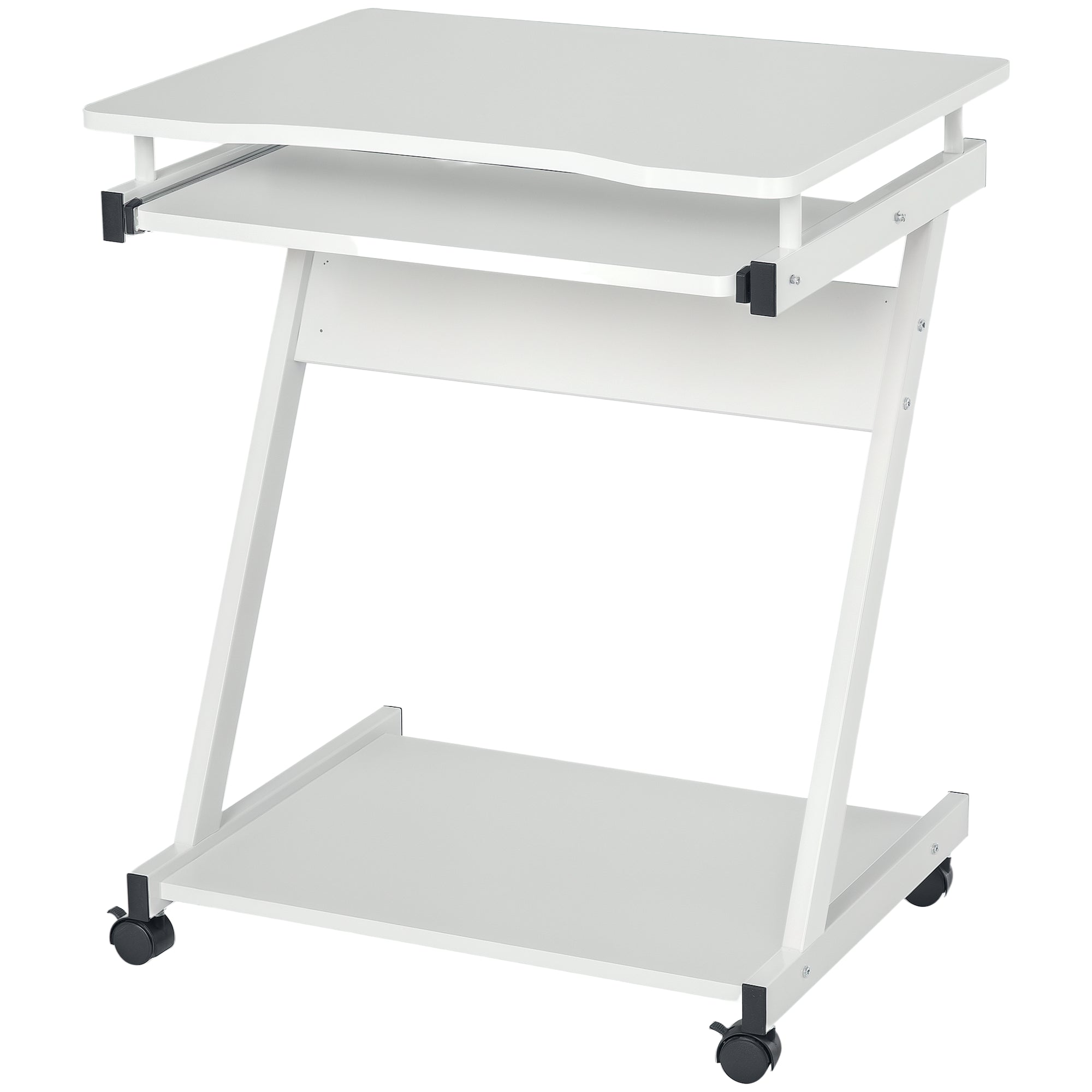 Rolling Computer Desk - Mobile Desk - Computer Table - Sliding Keyboard Shelf + Shelf - White