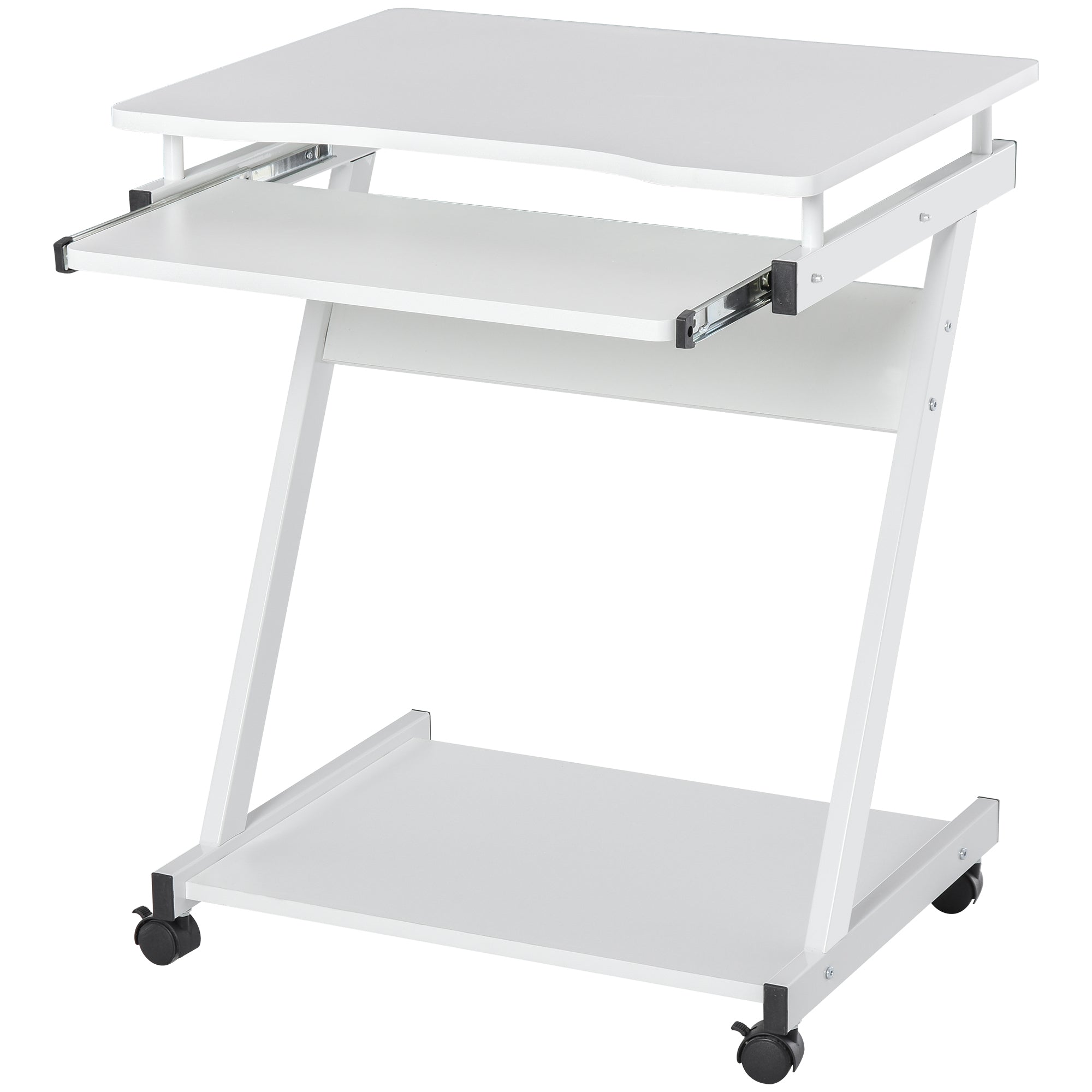 Rolling Computer Desk - Mobile Desk - Computer Table - Sliding Keyboard Shelf + Shelf - White