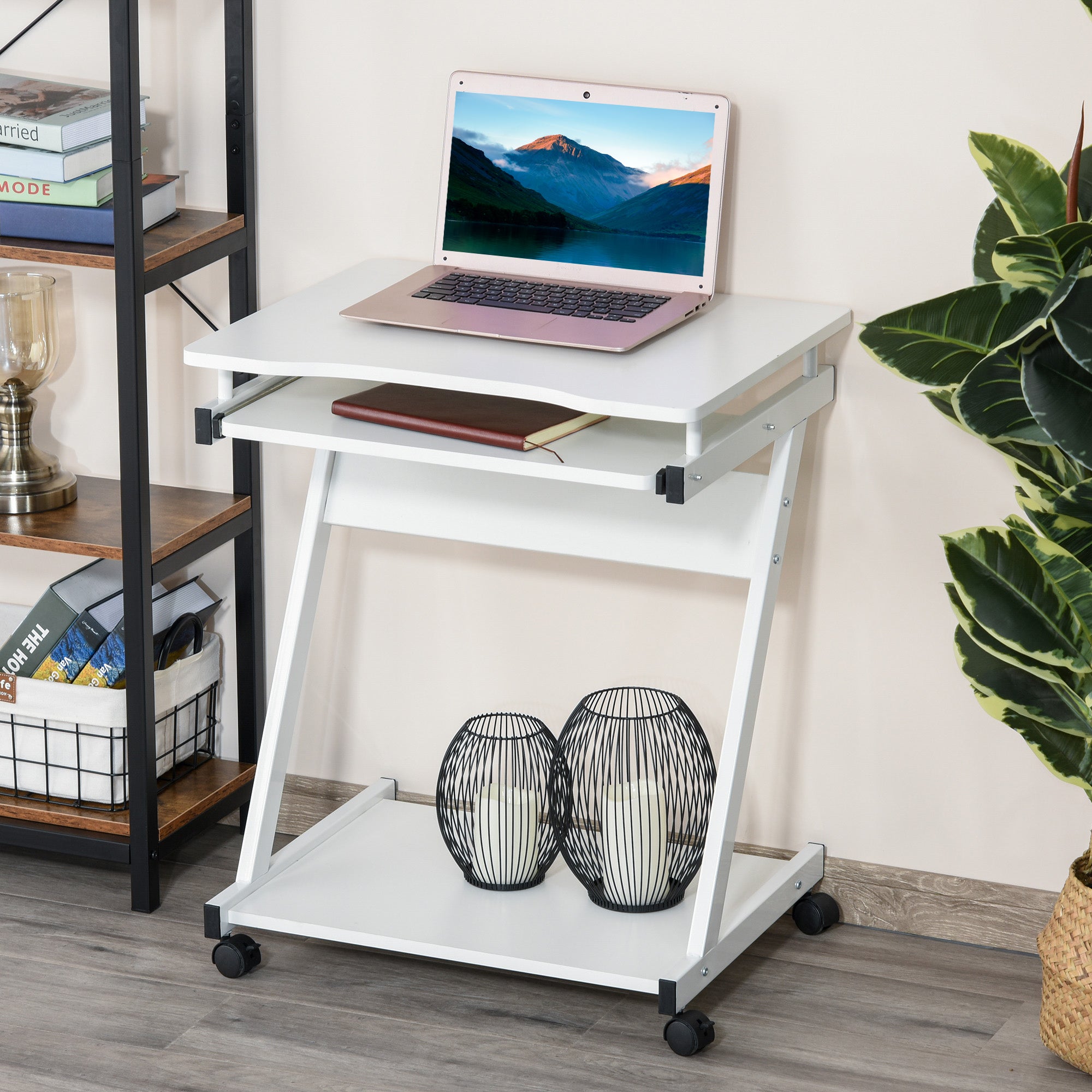 Rolling Computer Desk - Mobile Desk - Computer Table - Sliding Keyboard Shelf + Shelf - White