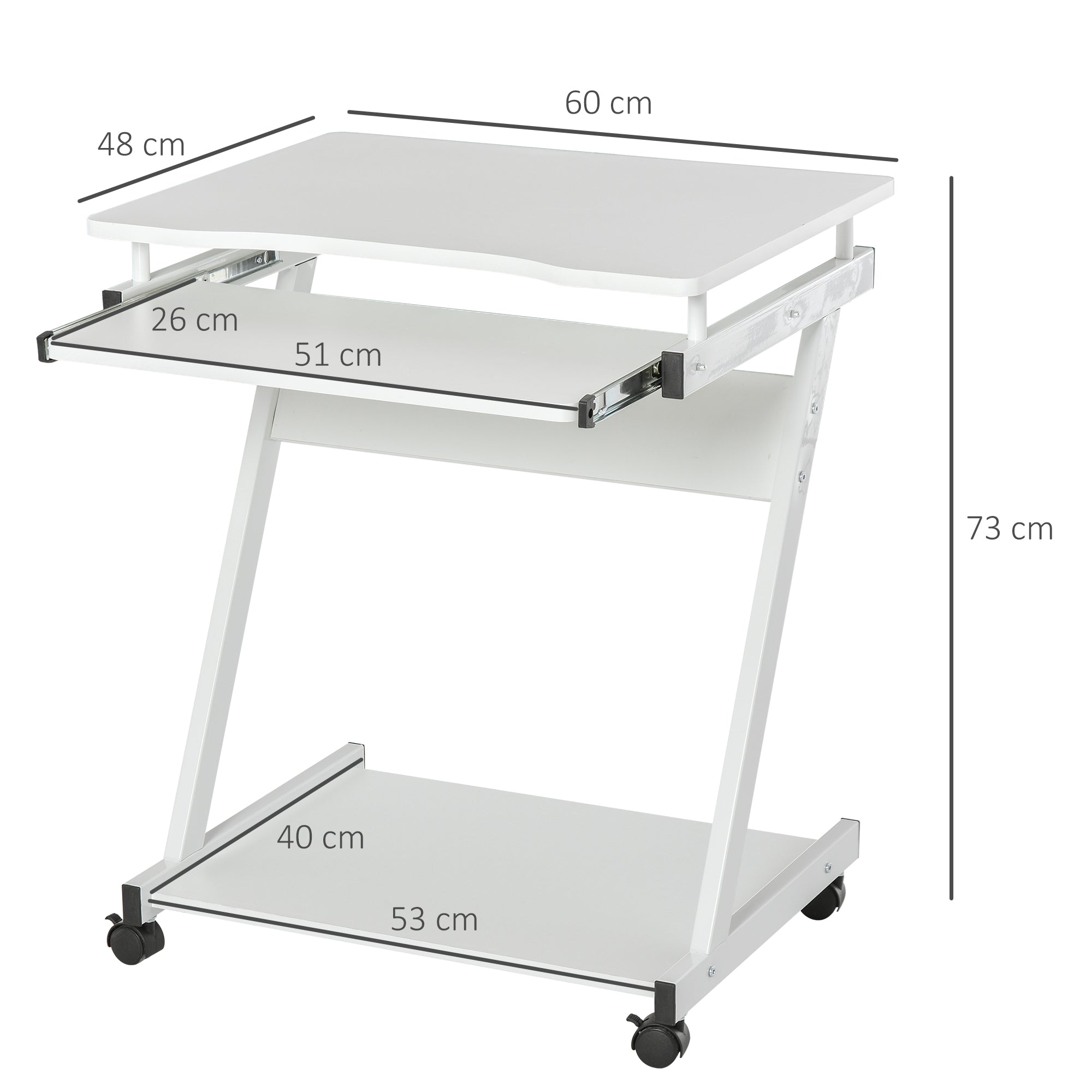 Rolling Computer Desk - Mobile Desk - Computer Table - Sliding Keyboard Shelf + Shelf - White