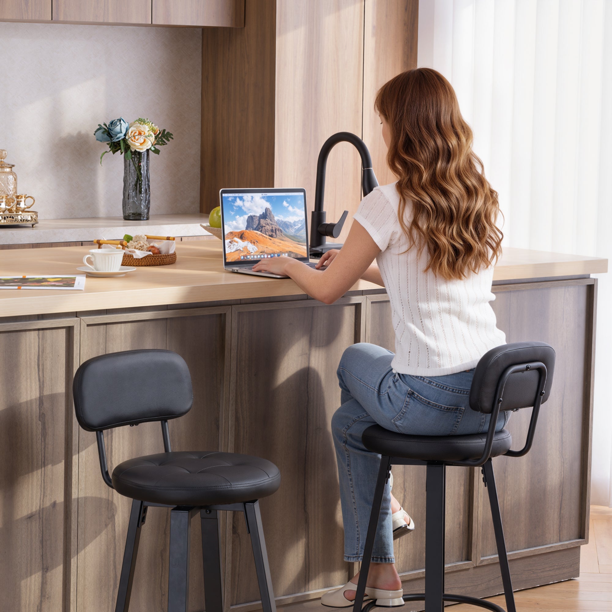 2-Pack Swivel Faux Leather Bar Stools with Backrest & Footrest, 30.1 in Seat Height, Black