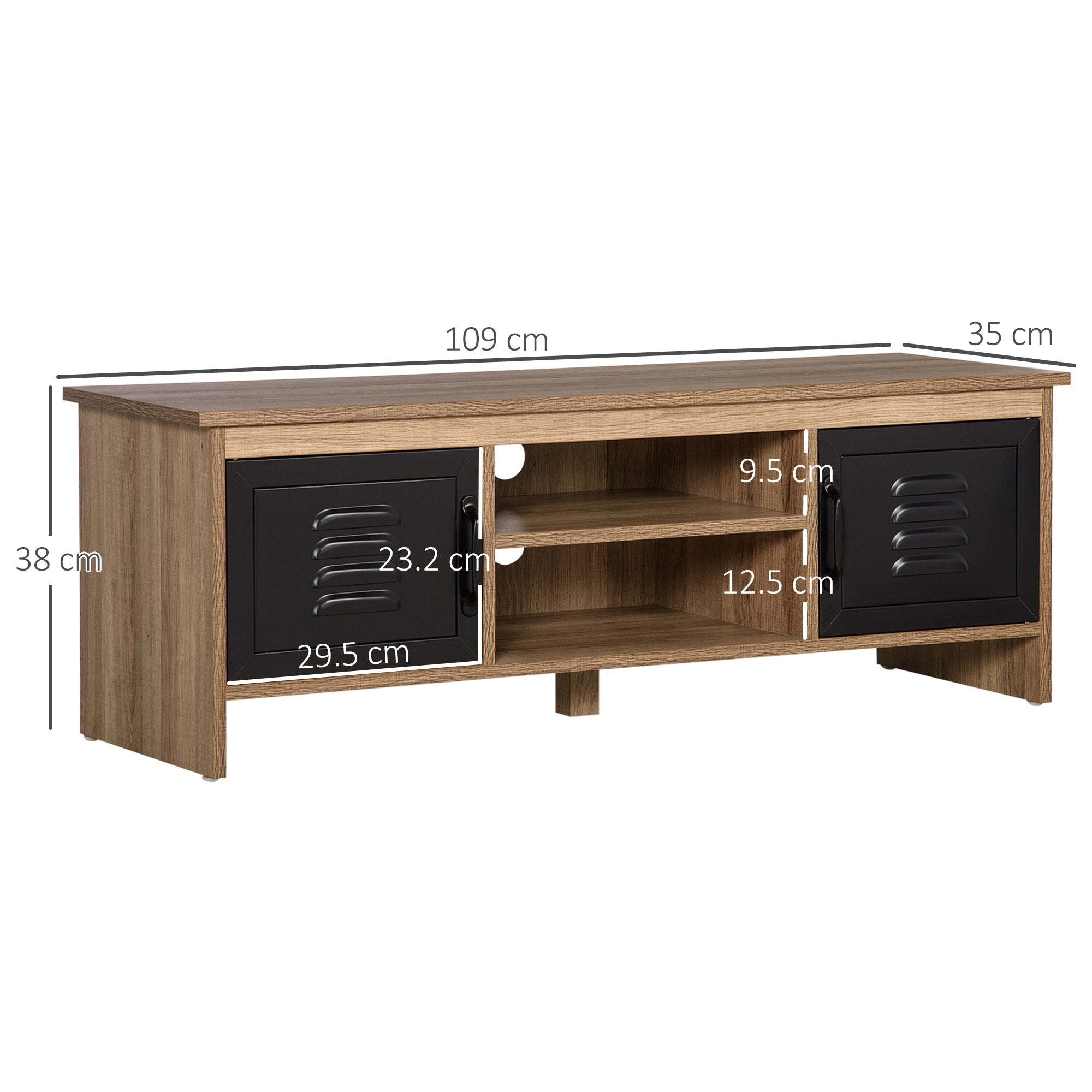43" Industrial Design TV Stand with 2 Cupboards, 2 Niches, 2 Cable Holes, Wood Grain Finish and Black Metal Doors